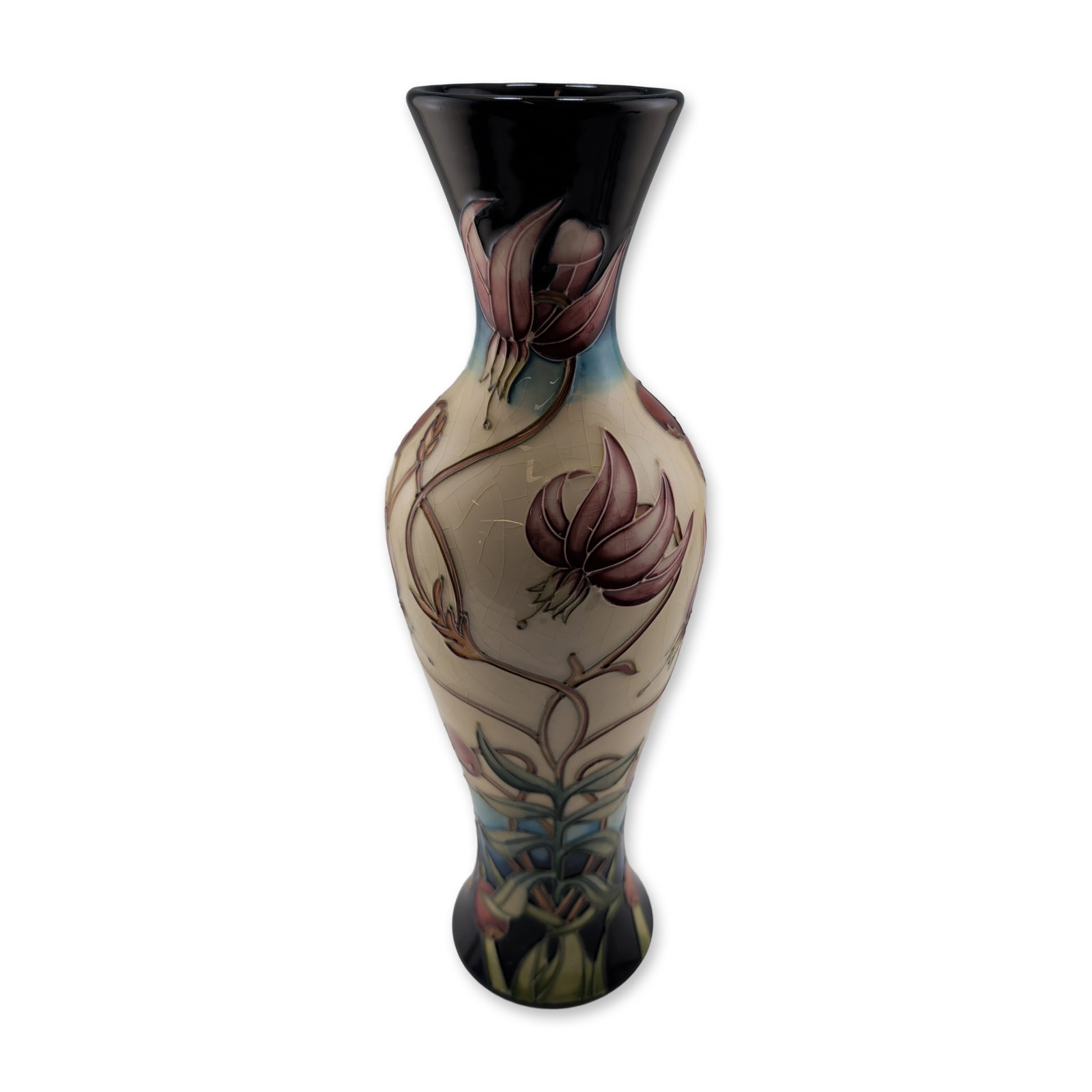 Moorcroft Sandra Dance Party Piece Ceramic Vase, Limited Edition: Moorcroft Pottery, Stoke-on-Trent, England. Dated 1991. Party Piece pattern limited edition ceramic vase designed by Sandra Dance. Tube-lined decoration featuring stylized floral and berry motifs in s