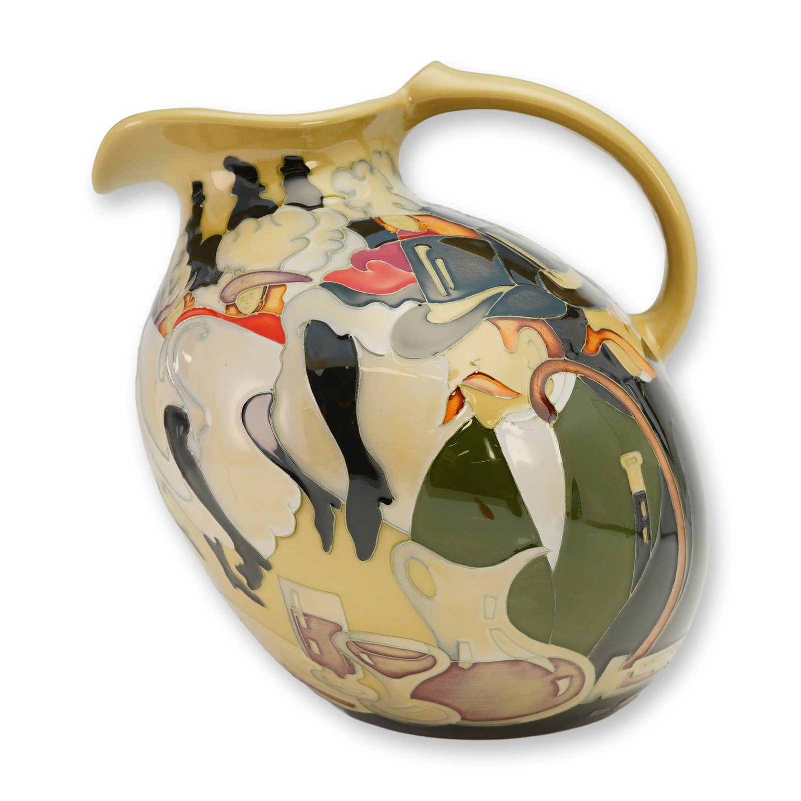 Moorcroft Pottery Pigalle Jug, The Can-Can: Pottery jug has bulbous shape with a pinched spout. Tube-lined design of Can-can dancers and host colored in black, green and red over cream background. Moorcroft backstamp along with artist signature