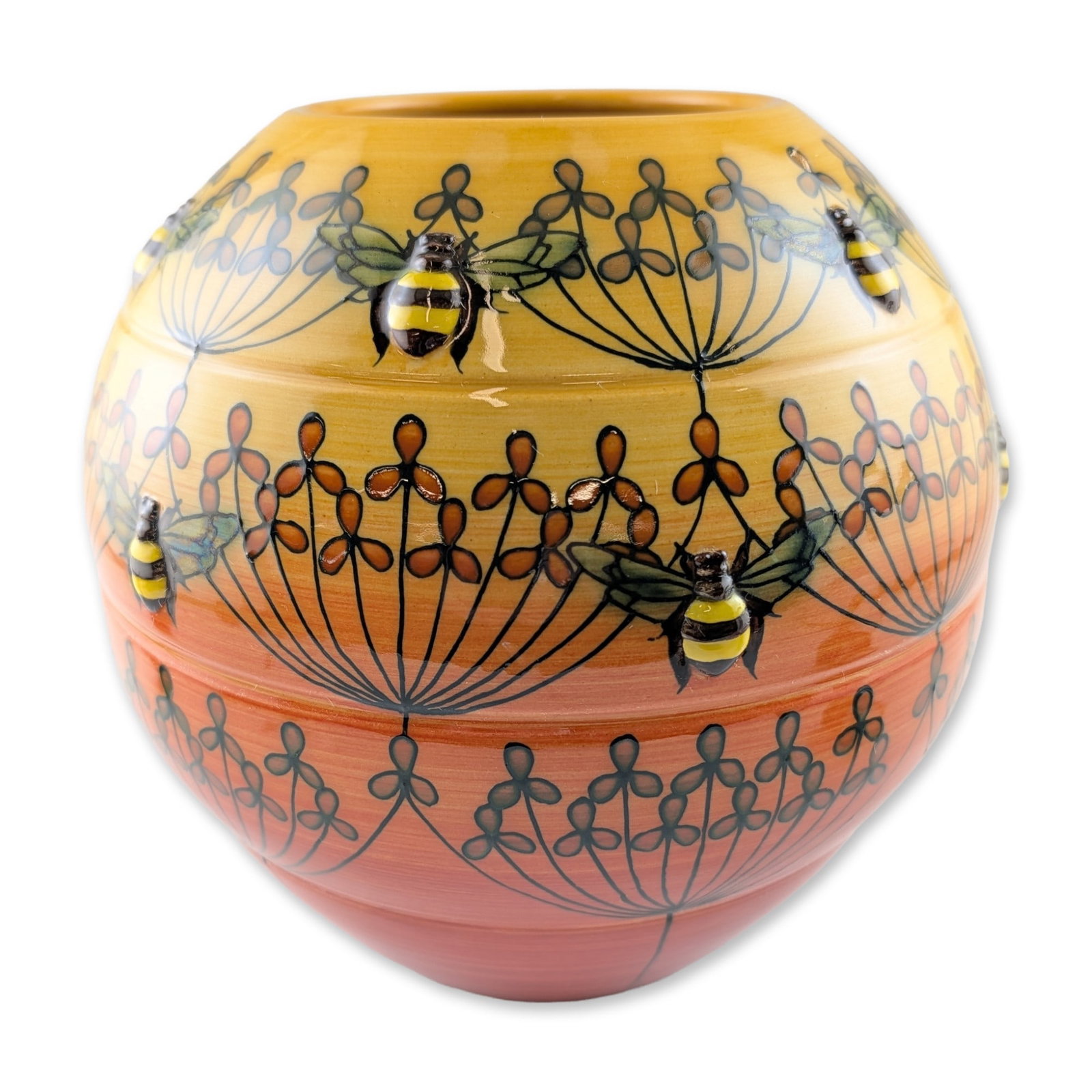 Dennis Chinaworks by Sally Tuffin Bumblebee Ceramic Vase: The globular form features a hand-painted ombre background transitioning from bright yellow to terracotta red. The body is decorated with raised reliefs of bumblebees and stylized umbelliferous flower