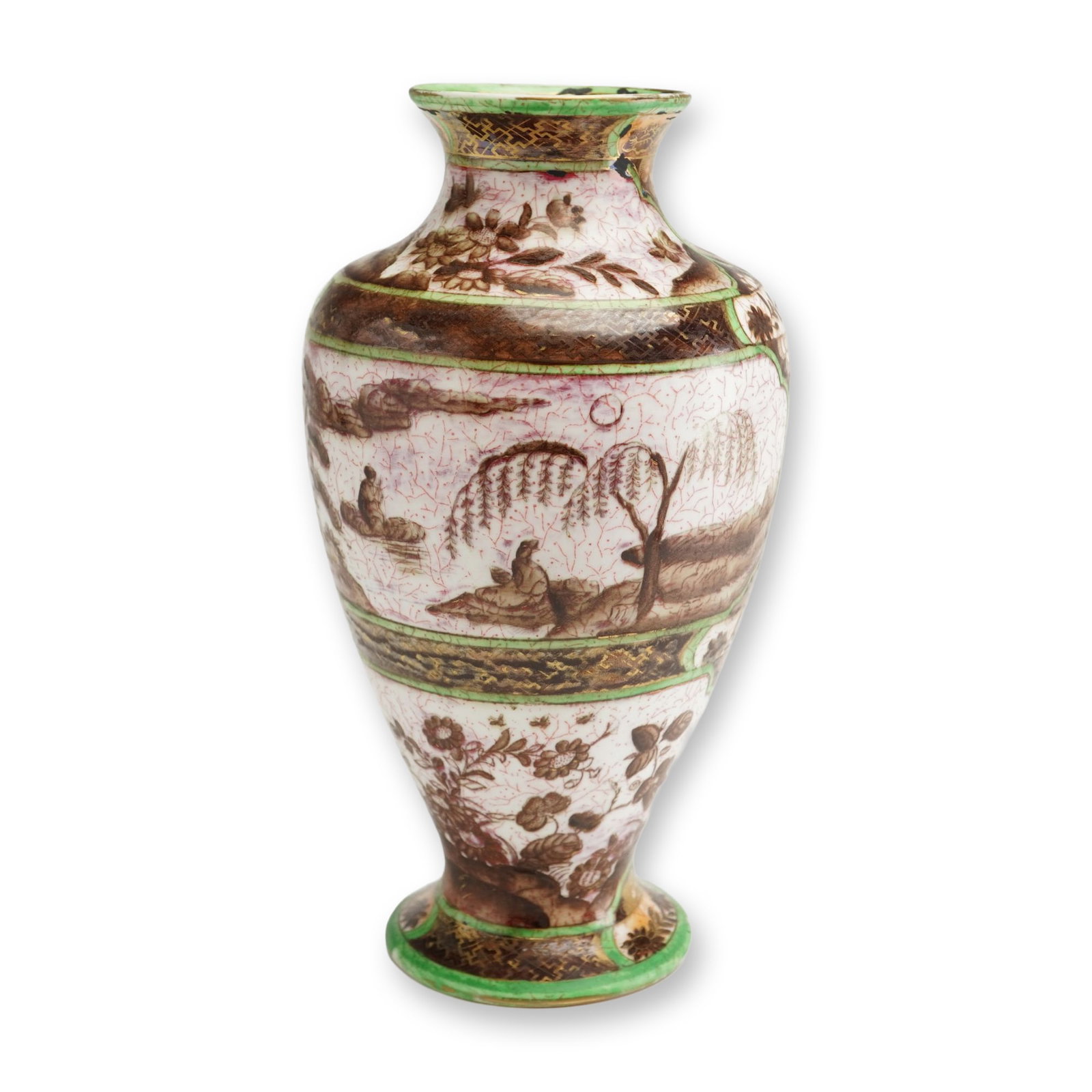Wedgwood Chinoiserie Lustre Baluster Vase: A Wedgwood porcelain baluster-shaped vase featuring Chinoiserie decoration. The exterior is divided into three horizontal registers separated by green and gold geometric bands. The central register co