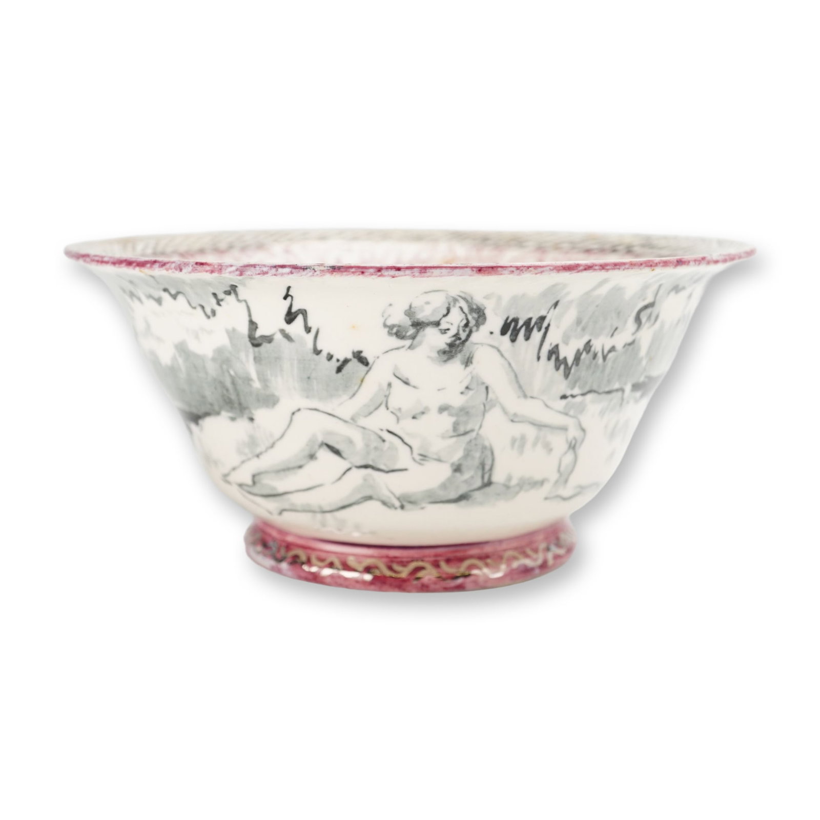 Wedgwood Hand Painted Earthenware Bowl with Sketched Female Figures and Lustre Birds: This flared, footed bowl is made of white earthenware and features extensive hand painted decoration. The exterior is decorated in a monochrome grisaille palette with sketched female figures set again