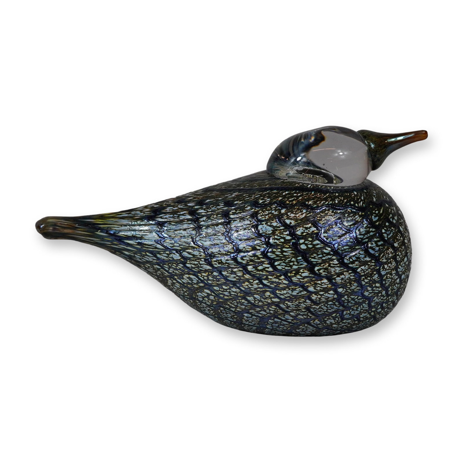 Iittala Oiva Toikka Art Glass Spotted Crake Bird Figurine: A hand-blown art glass figurine from the Birds by Toikka series, designed by Oiva Toikka for Iittala, Finland. This model is identified as the Spotted Crake (Luhtahuitti). The body features a dark mot