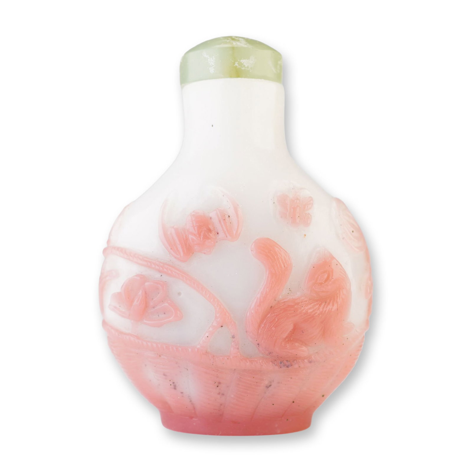 Peking Glass Snuff Bottle, Pink Overlay Basket with Cats, Bat, Flowers, and Butterflies: Decorated with a pink overlay, this round milky white Peking glass snuff bottle features a design near the base depicting a basket carrying cats and flowers, with a bat and butterflies flying above. I