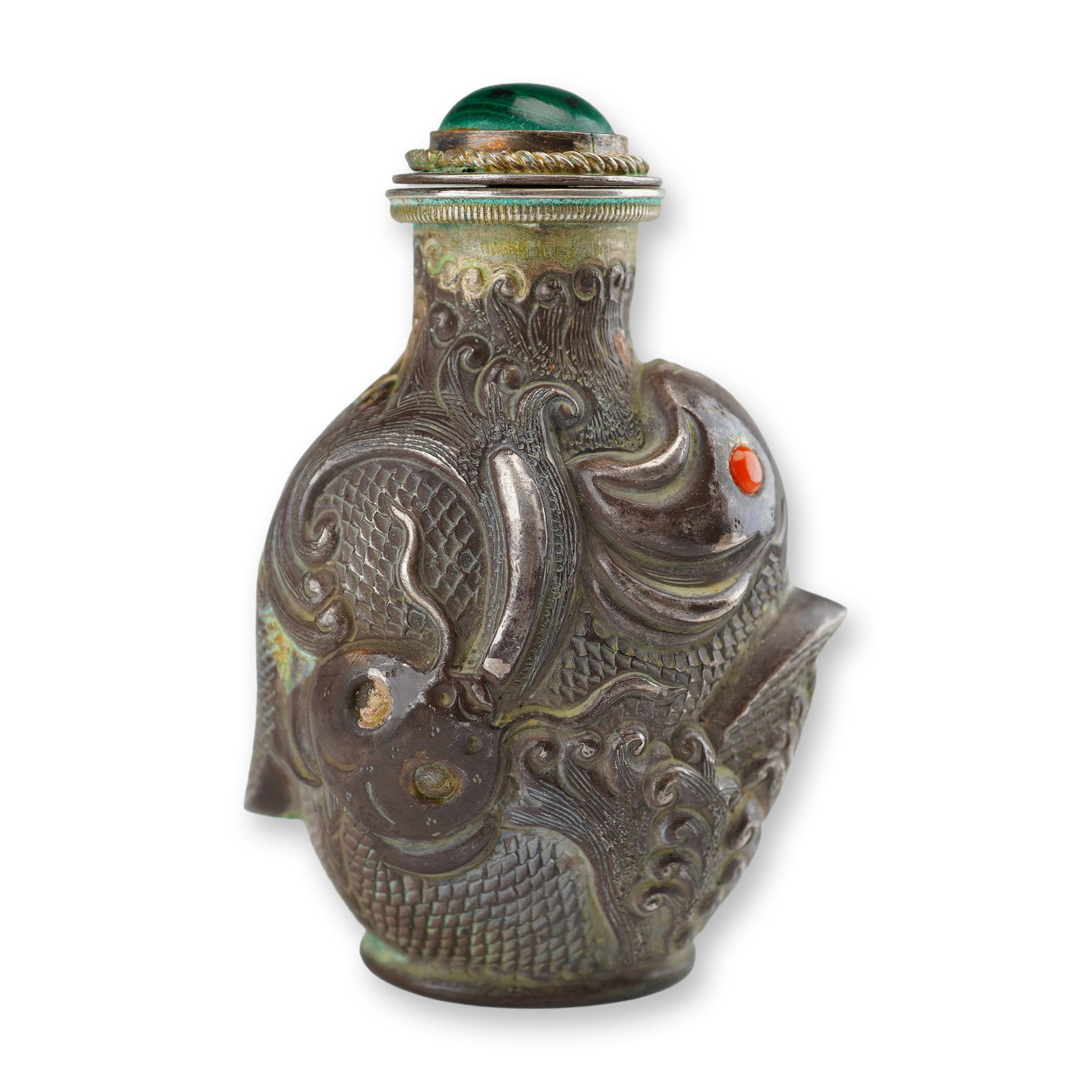 Mongolian Silver Repousse Snuff Bottle, High Relief Carp and Waves (1 of 4)