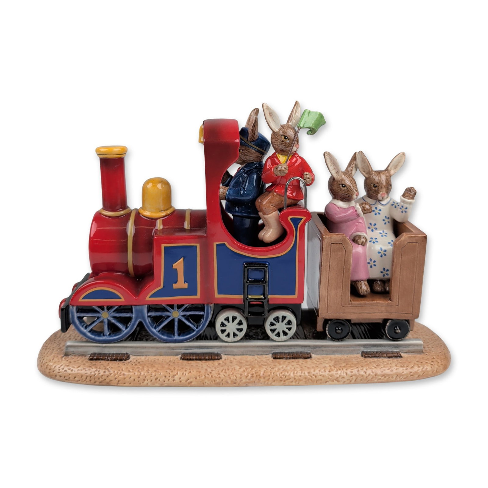 Royal Doulton Bunnykins All Aboard Figurine: Royal Doulton. Limited edition ceramic figurine titled All Aboard, model DB 495, from the Bunnykins series. Hand-painted tableau depicting four rabbits on a red and blue steam locomotive with a wooden