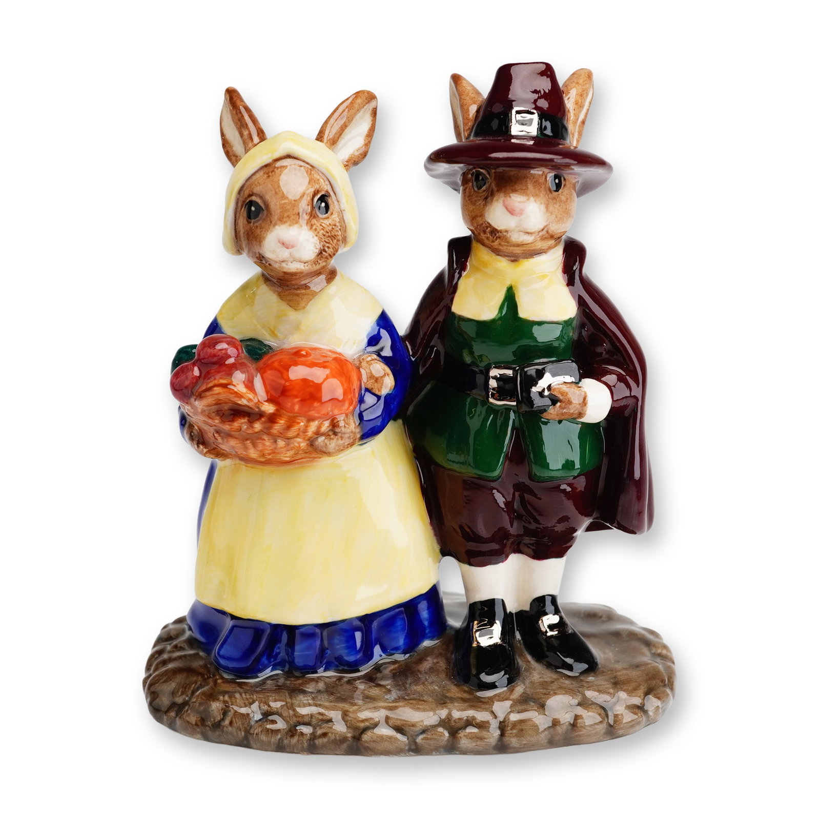 Royal Doulton Bunnykins Prototype Figurine, Pilgrim DB212: This is a glazed porcelain figurine from the Royal Doulton Bunnykins series, specifically the Pilgrim Couple model, identified by model number DB212. The piece depicts two anthropomorphic rabbits dres