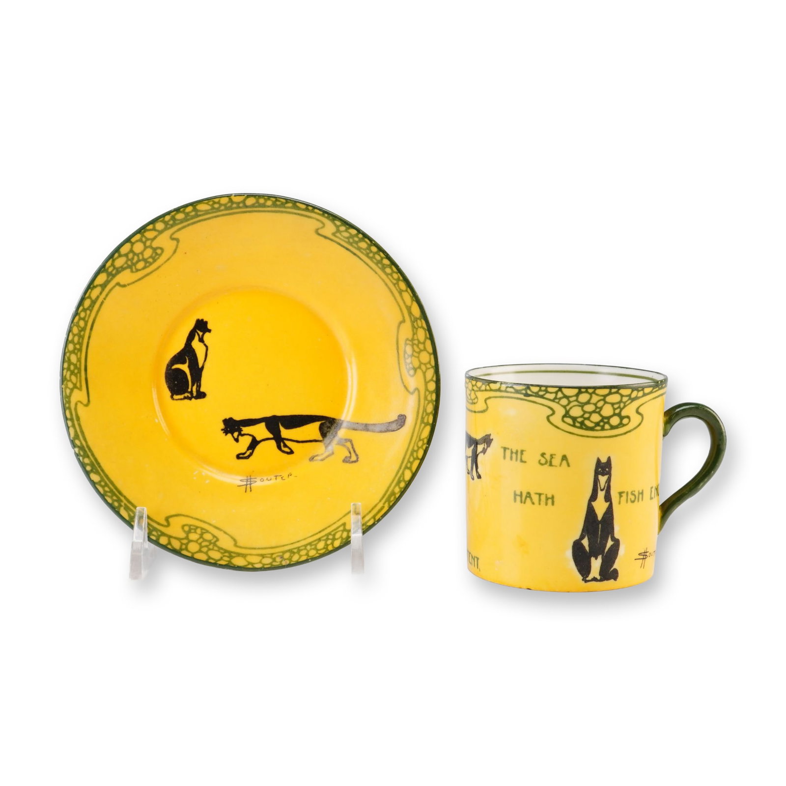 2pc Royal Doulton by David Henry Souter Kateroo Series Ware Cup and Saucer, Be Content the Sea Hath: This Royal Doulton earthenware cup and matching saucer are part of the Series Ware collection featuring illustrations by David Henry Souter, often referred to as the Kateroo or Souter's Cats series. T