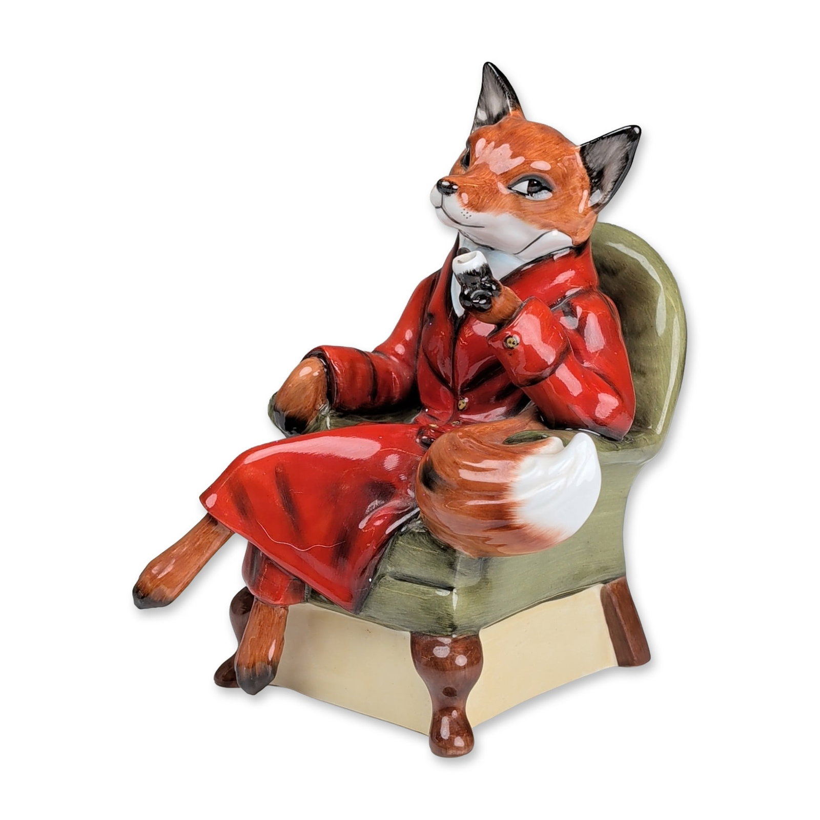 Royale Stratford Figurine, Mr. Fox - Huntsman Fox: Also known as "Fox Smoking". A limited edition, hand-painted ceramic figurine of an anthropomorphic red fox. The figure is modeled in traditional fox hunting attire featuring a red jacket and white cr