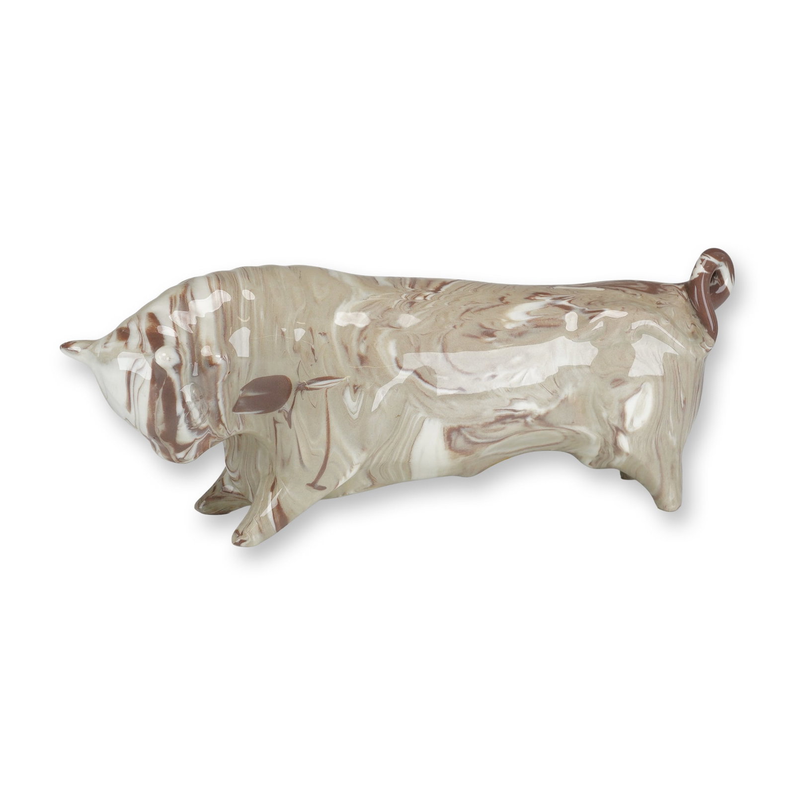 Wedgwood Queensware Taurus the Bull Figurine by Arnold Machin: This stylized mid-century ceramic figure, titled Taurus the Bull, was designed by Arnold Machin for Wedgwood. The piece is rendered in Queensware and features an agateware or marbled glaze effect, cha