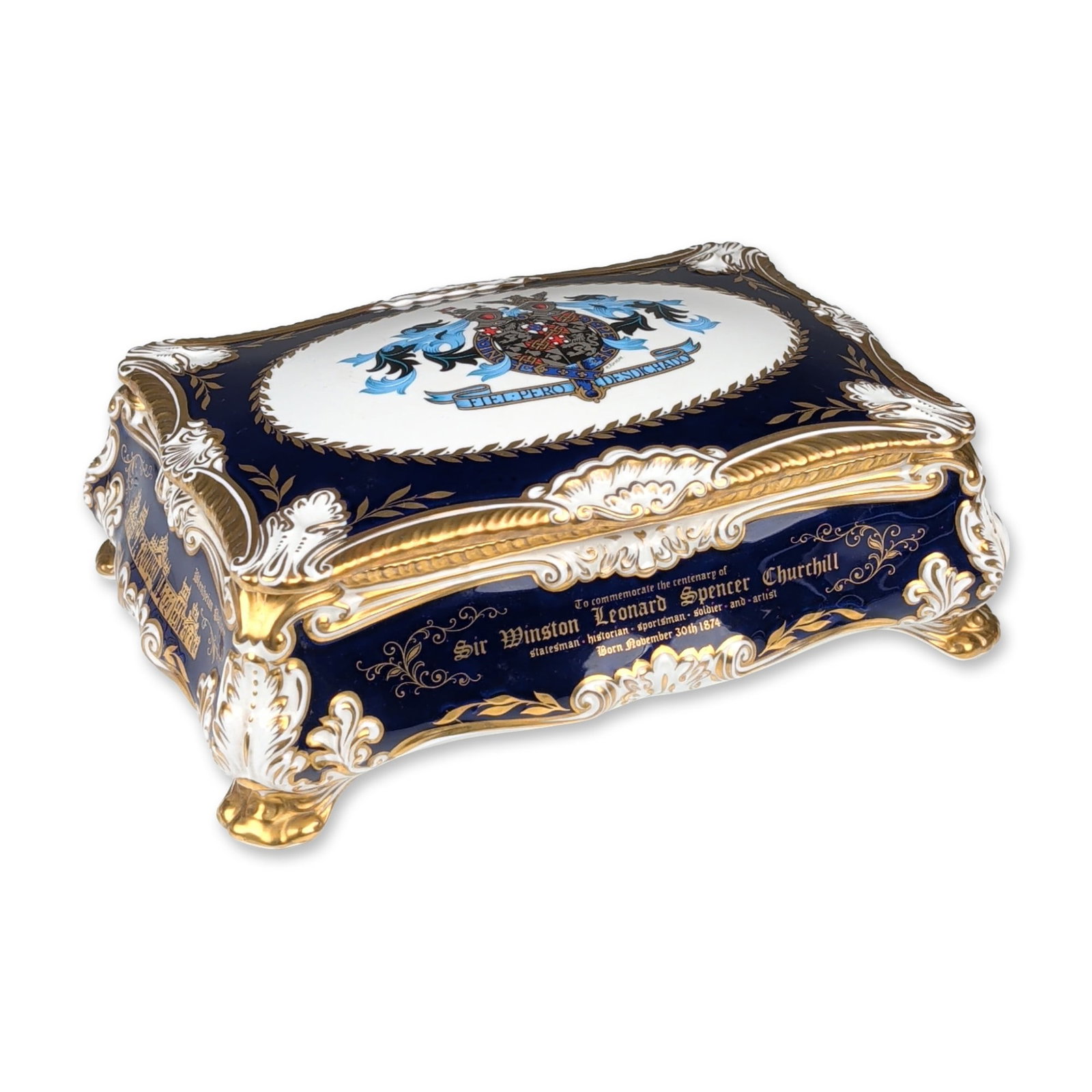 Paragon Winston Churchill Centenary Bone China Cigar Casket: Paragon China Ltd. limited edition cigar casket produced in 1974 to commemorate the centenary of the birth of Sir Winston Churchill. The rectangular humidor is constructed of fine bone china with a co