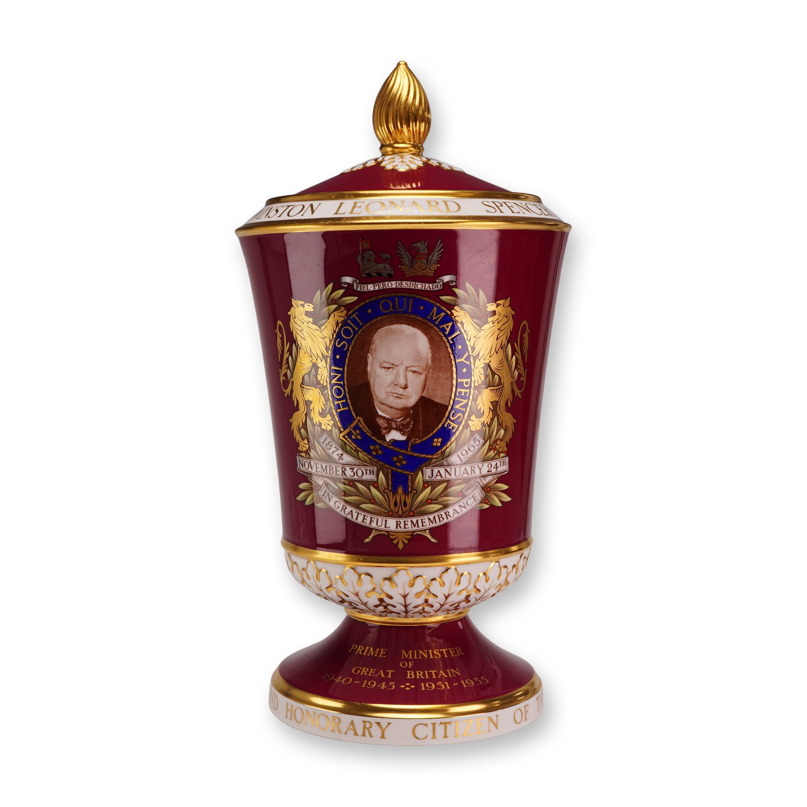 Spode Winston Churchill Commemorative Bone China Limited Edition Covered Urn: A fine bone china commemorative covered urn produced by Spode in 1965 to honor Sir Winston Churchill. This piece was specially commissioned by the luxury retailer Thomas Goode and Company, London. It 