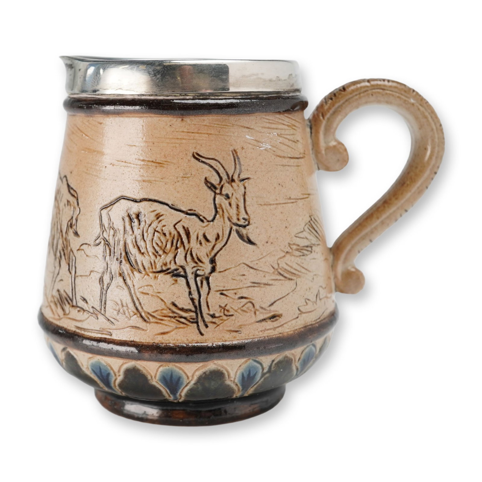 Doulton Lambeth Hannah Barlow and Lucy Barlow Stoneware Goat Motif Creamer: Doulton Lambeth salt-glazed stoneware cream pitcher, dated 1883, featuring incised sgraffito decoration by artist Hannah Barlow and Lucy Barlow depicting goats in a landscape. The cream jug has a buff