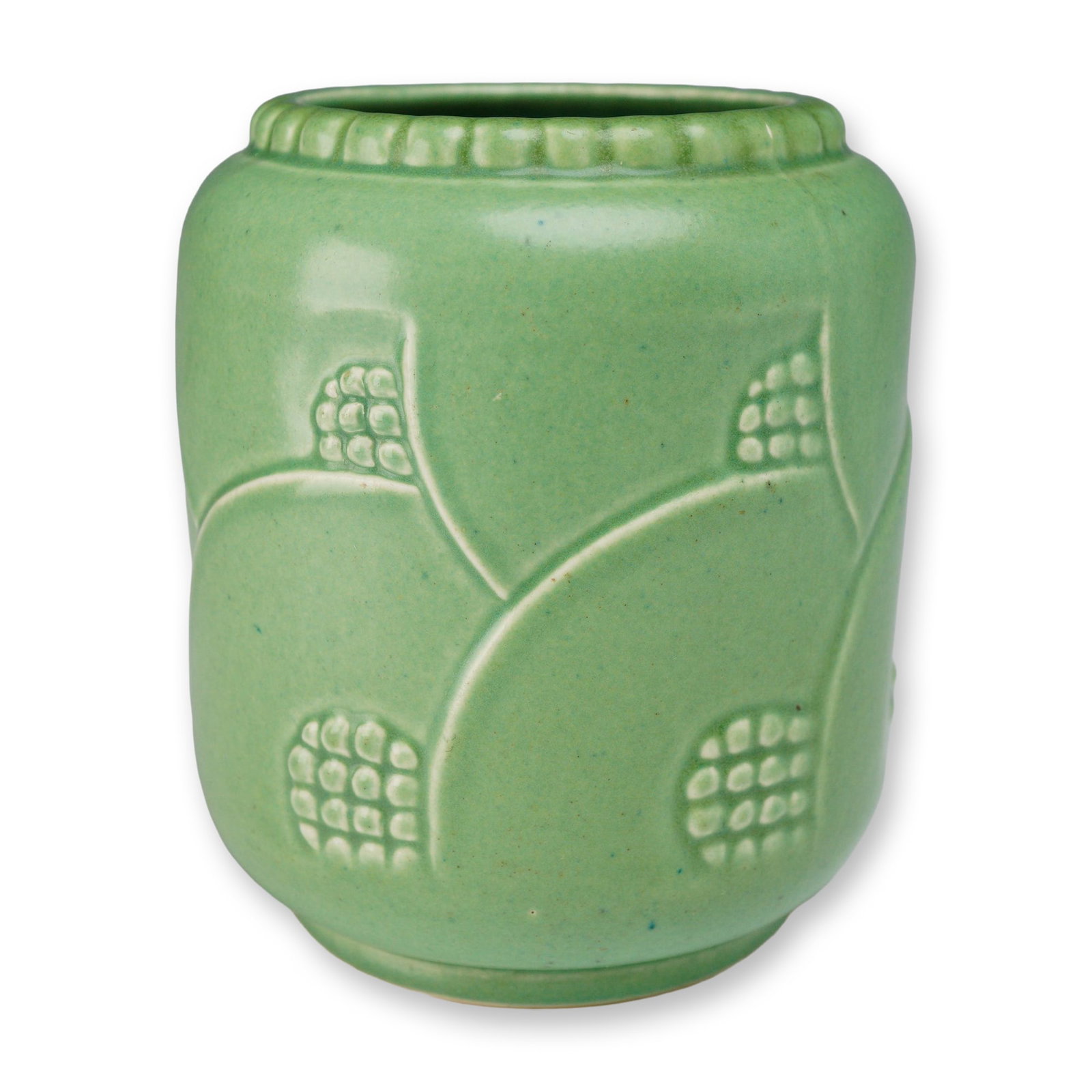 Wedgwood Art Deco Matte Green Relief-Decorated Ceramic Vase, circa 1932: A cylindrical ceramic vase produced by Wedgwood, dating to the Art Deco period circa 1932. The piece is finished in a uniform matte green glaze, often referred to as willow green. The exterior feature