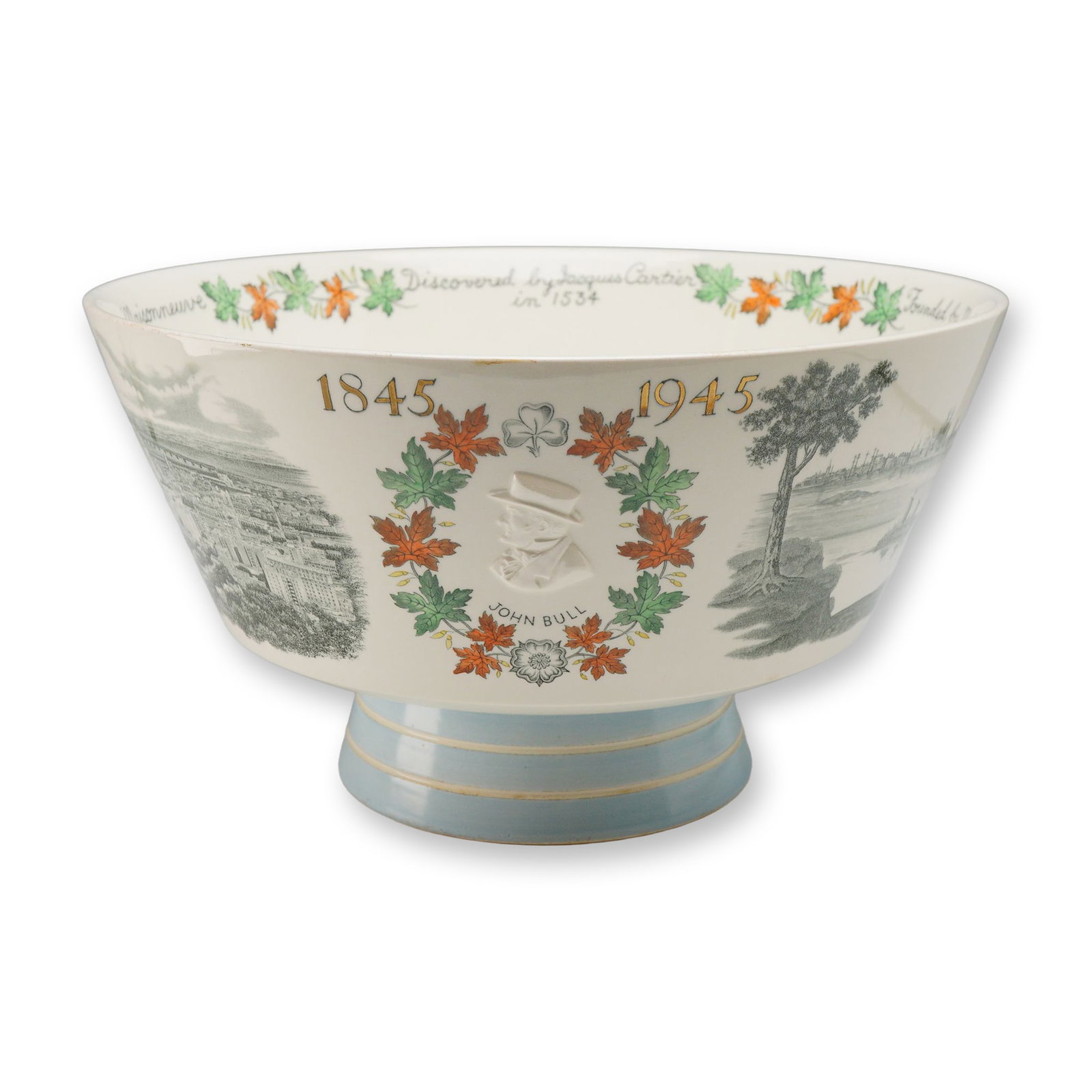 Wedgwood Queen's Ware Montreal Centenary Commemorative Pedestal Bowl: Produced by Wedgwood of Barlaston to commemorate the centenary of Montreal from 1845 to 1945, this large pedestal bowl is crafted from cream-colored earthenware known as Queen's Ware. The bowl feature