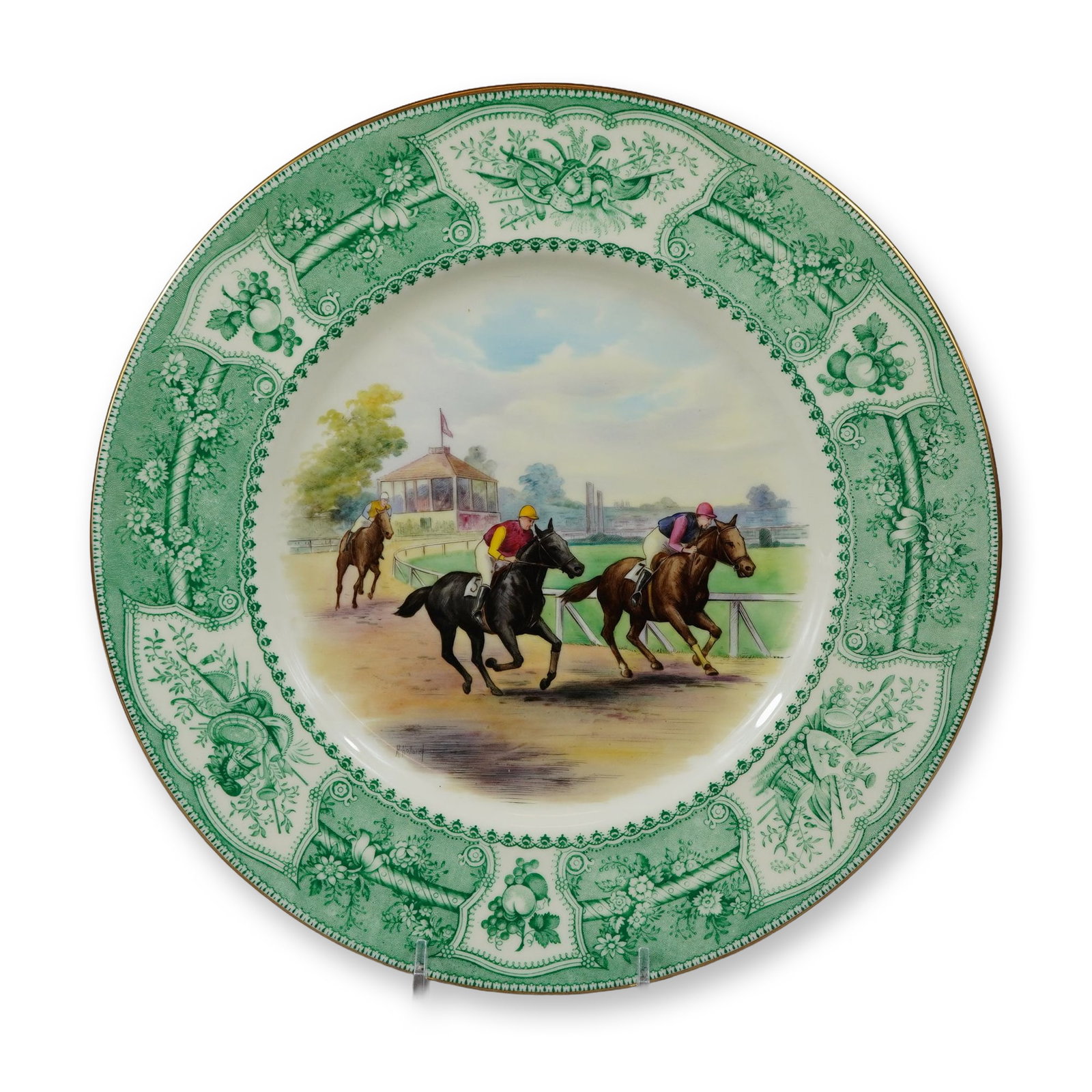 Wedgwood Bone China Equestrian Sport Plate: A Wedgwood fine porcelain cabinet plate featuring a central hand-painted equestrian sporting scene. The central vignette depicts three jockeys on horseback in mid-gallop on a racetrack, with a leading