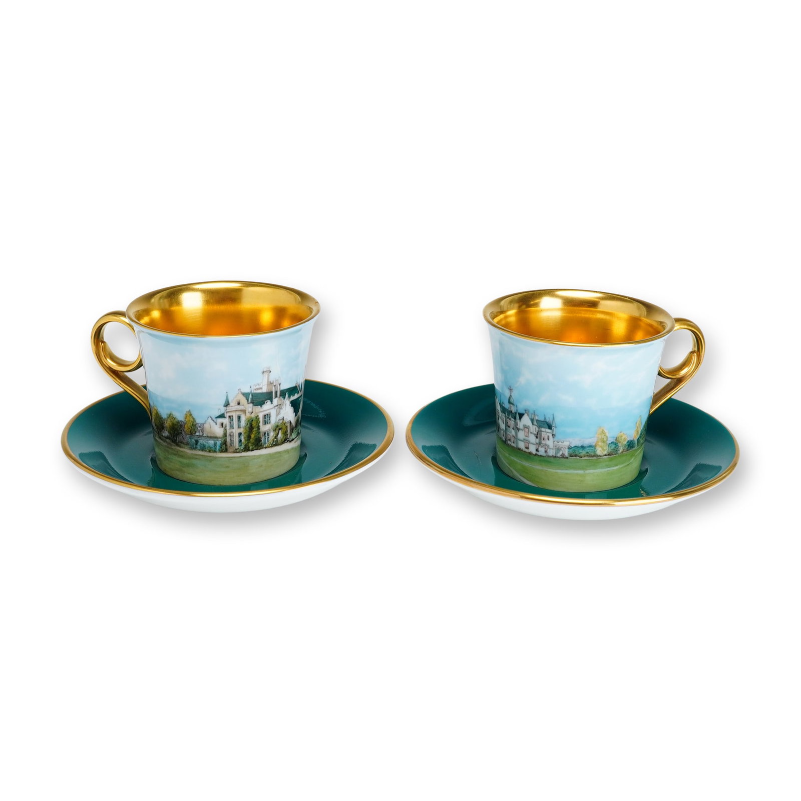 4pc Wedgwood Gilded Bone China Cups and Saucers Hand Painted with British Stately Homes (1 of 4)