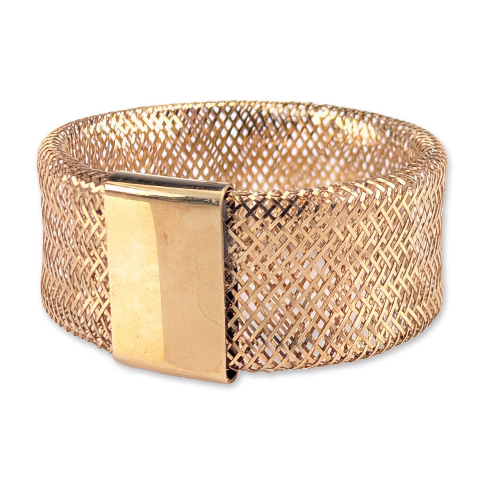 Italian 14K Yellow Gold Woven Mesh Ring: Italian 14k yellow gold wide woven mesh ring featuring a flexible Milanese textile weave design. The piece is finished with a polished integrated rectangular box clasp. Hallmarked 14K, ITALY, and 1858