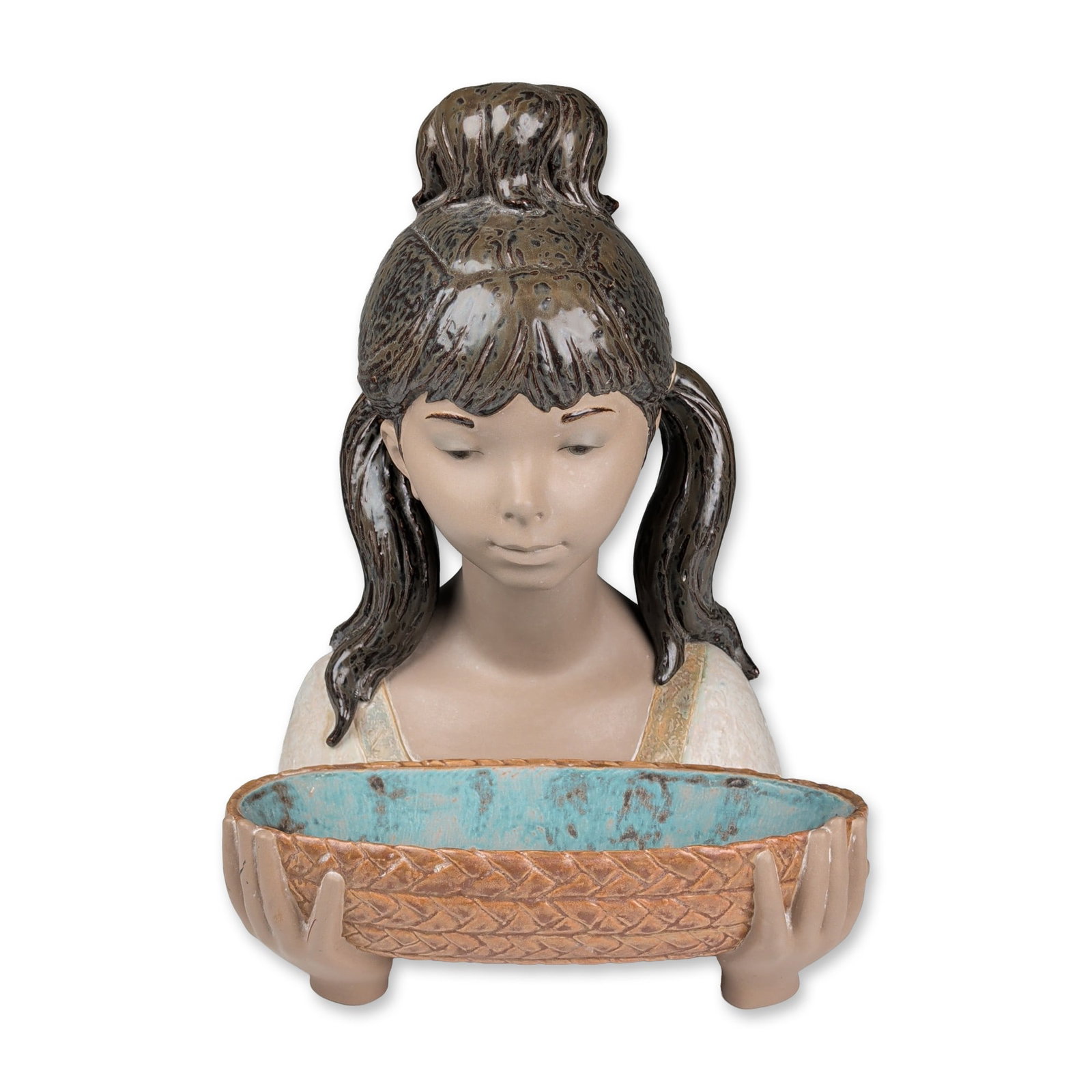 2pc Lladro Gres Porcelain Bust Sculpture, Gardener Girl with Basket 01012017: Two-piece stoneware figurine from the Gres collection, depicting a young girl with high-gloss dark brown hair styled in a bun and pigtails. The figure is modeled in a contemplative downward gaze towar