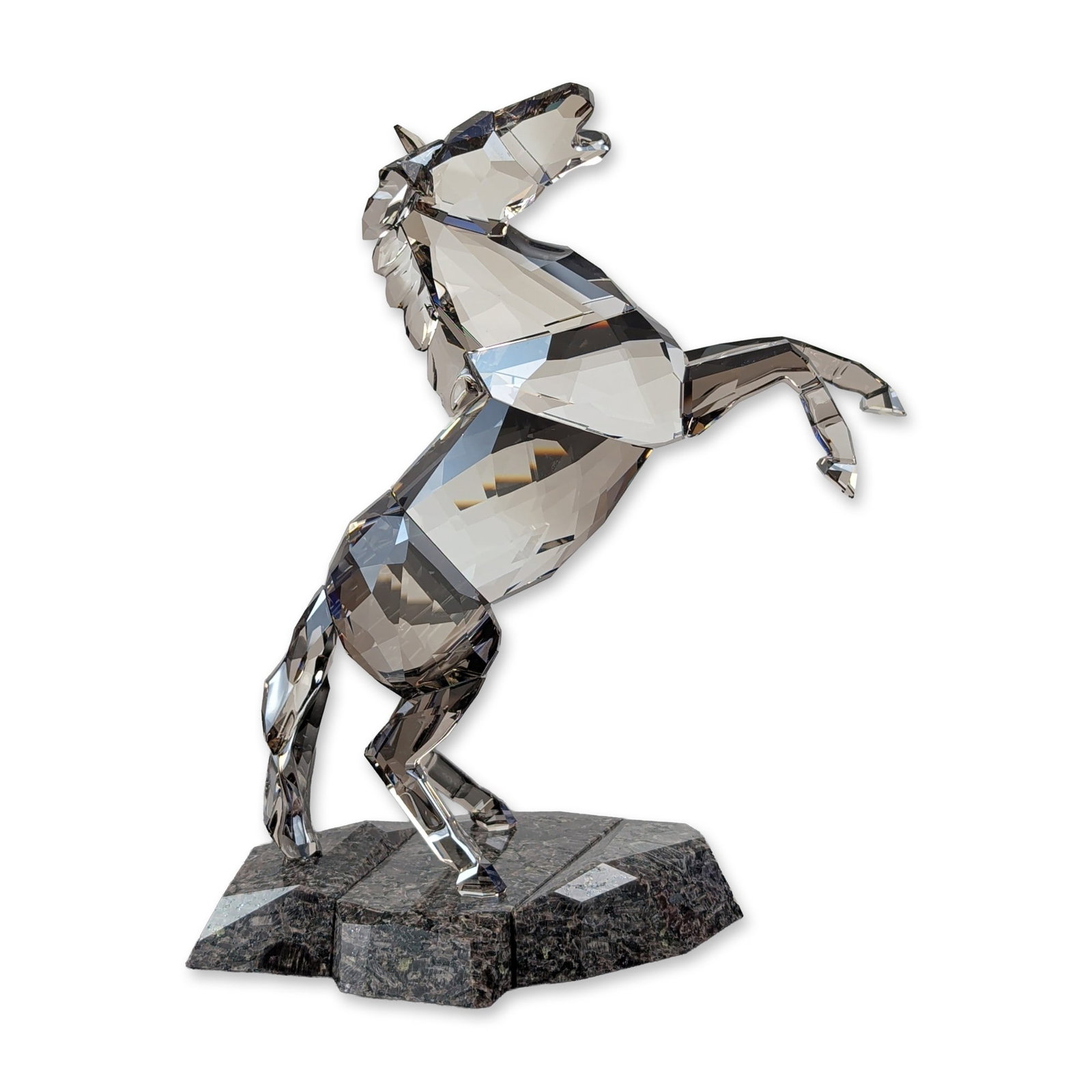 Swarovski Soulmates Satin Stallion Crystal Figurine: Swarovski Soulmates collection rearing stallion figurine in Sunning Satin crystal. The large-format piece is depicted in a dynamic rearing pose with precision-cut facets throughout the body and textur