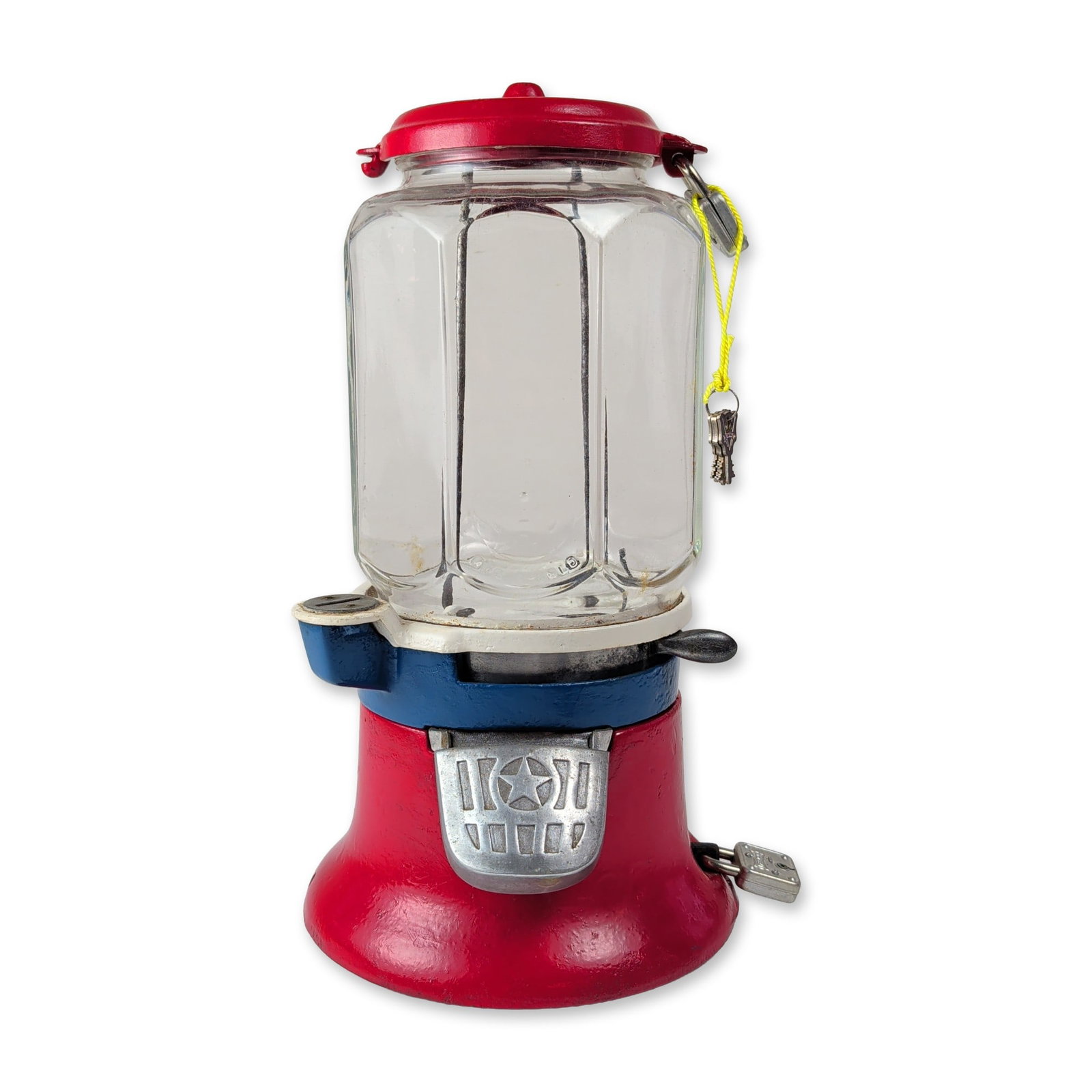 Vintage Columbus Penny Gumball and Peanut Vending Machine: Coin operated Americana vending machine featuring a cast iron base and lid with a clear octagonal glass globe. The manual lever-action mechanism is fitted with a handle and a silver-toned metal discha