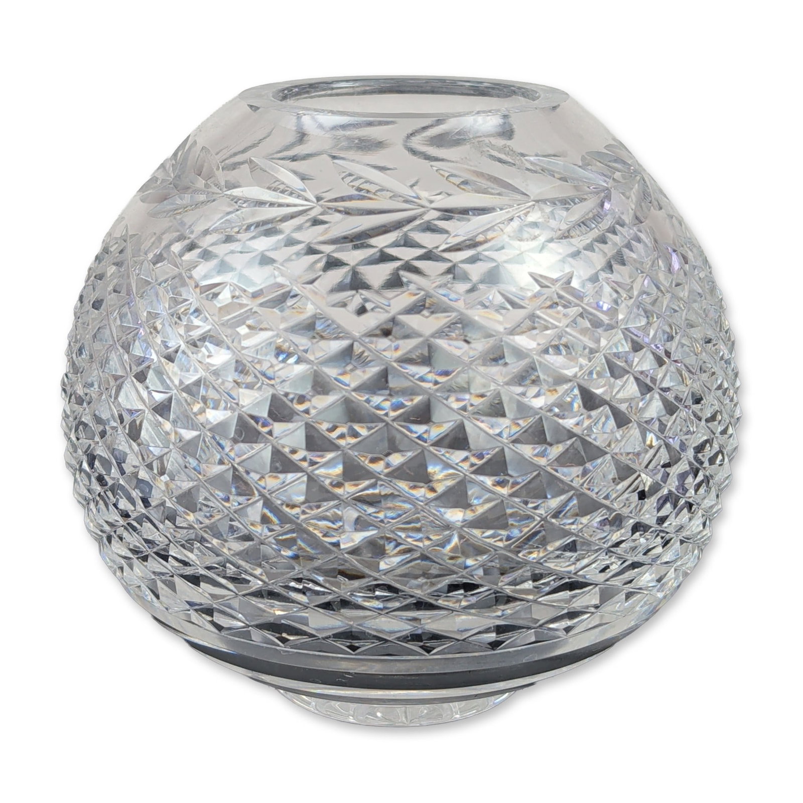 Waterford Glandore Cut Crystal Rose Bowl: Waterford crystal rose bowl in the Glandore pattern. The lead crystal vessel features a spherical form with a constricted rim. The decorative program consists of a lower register of diamond cutting be