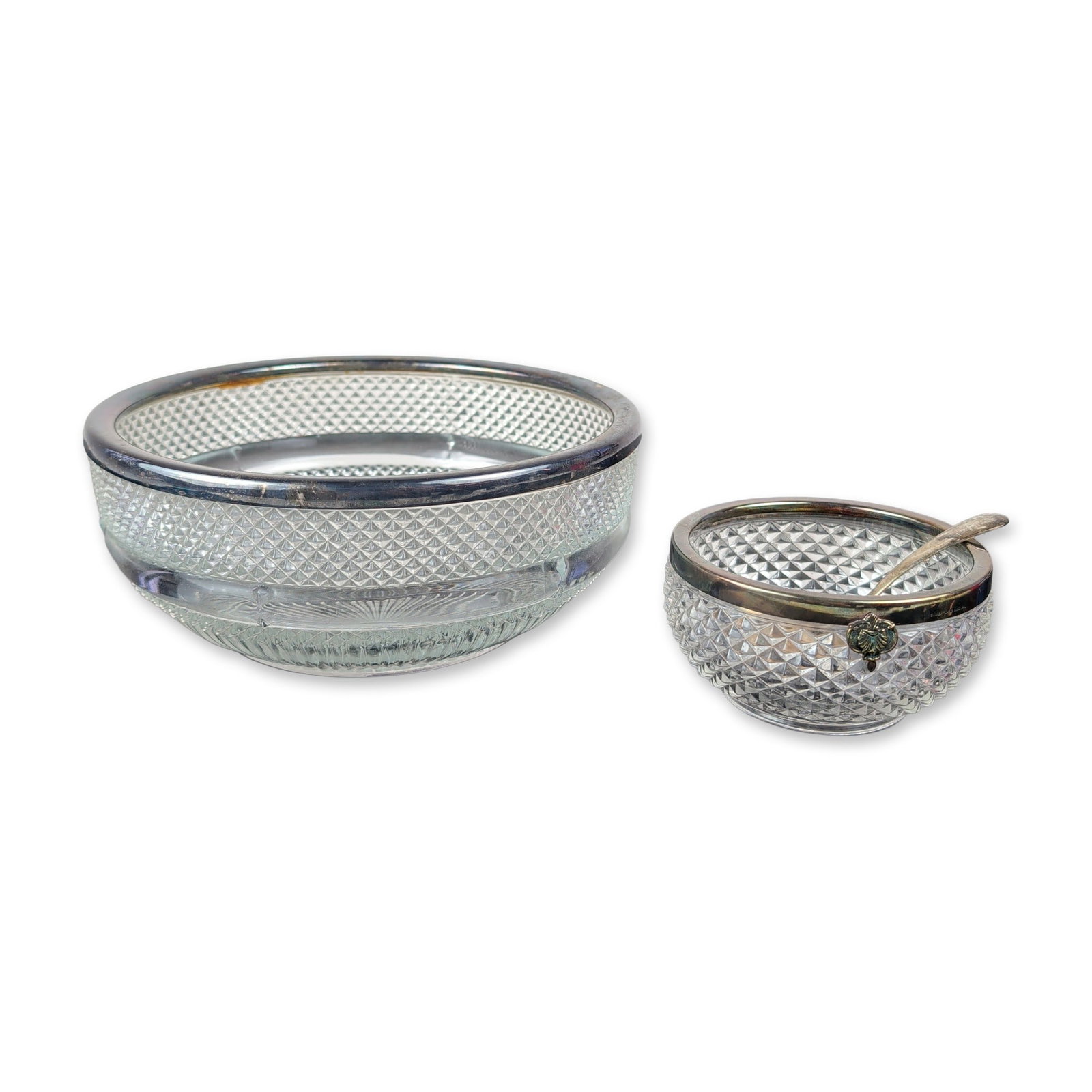 3pc English Cut Glass Bowls with Silver Plated Rims and Silverplated Spoon (1 of 5)