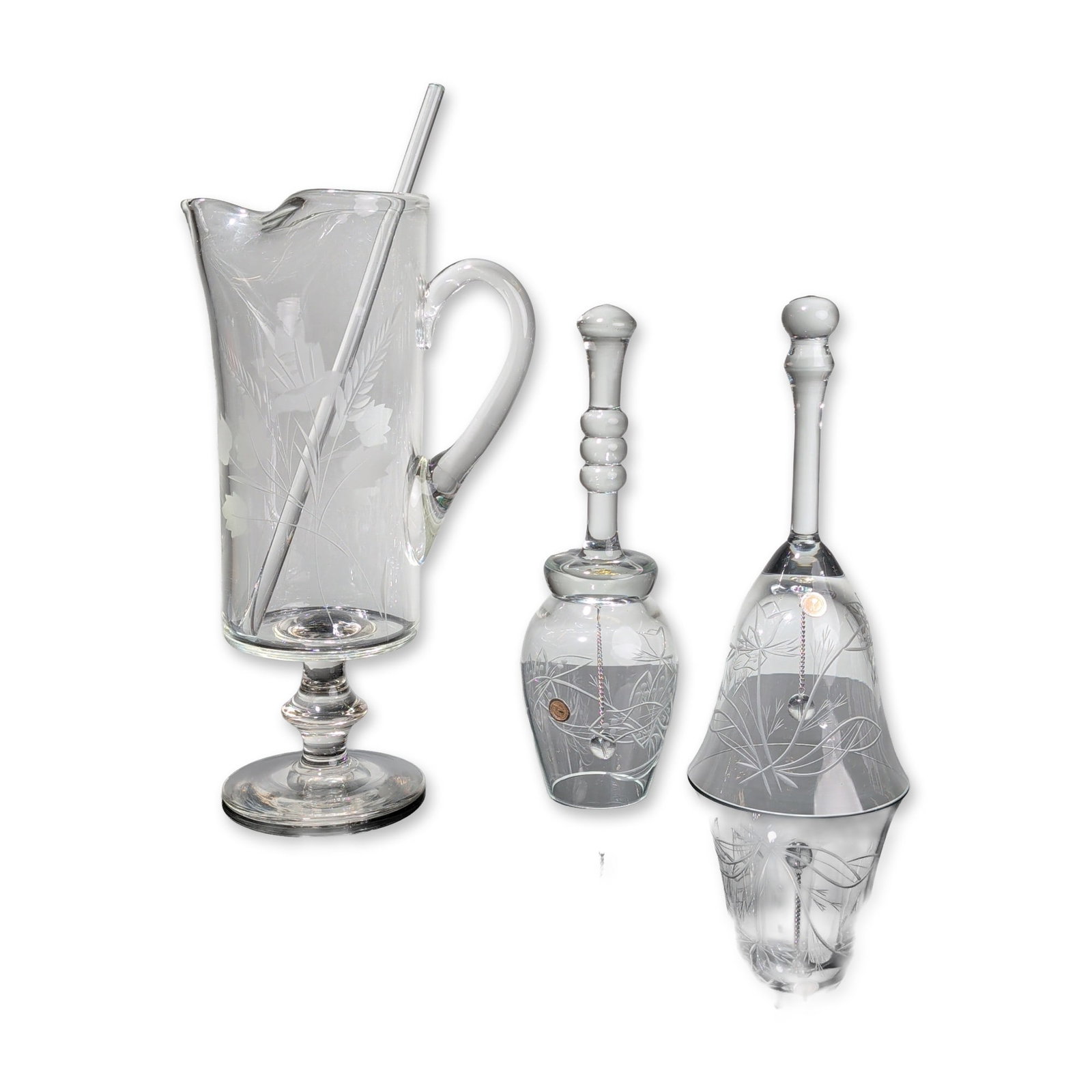 4pc Romanian Cut and Etched Glass Cocktail Pitcher and Hand Bells (1 of 5)