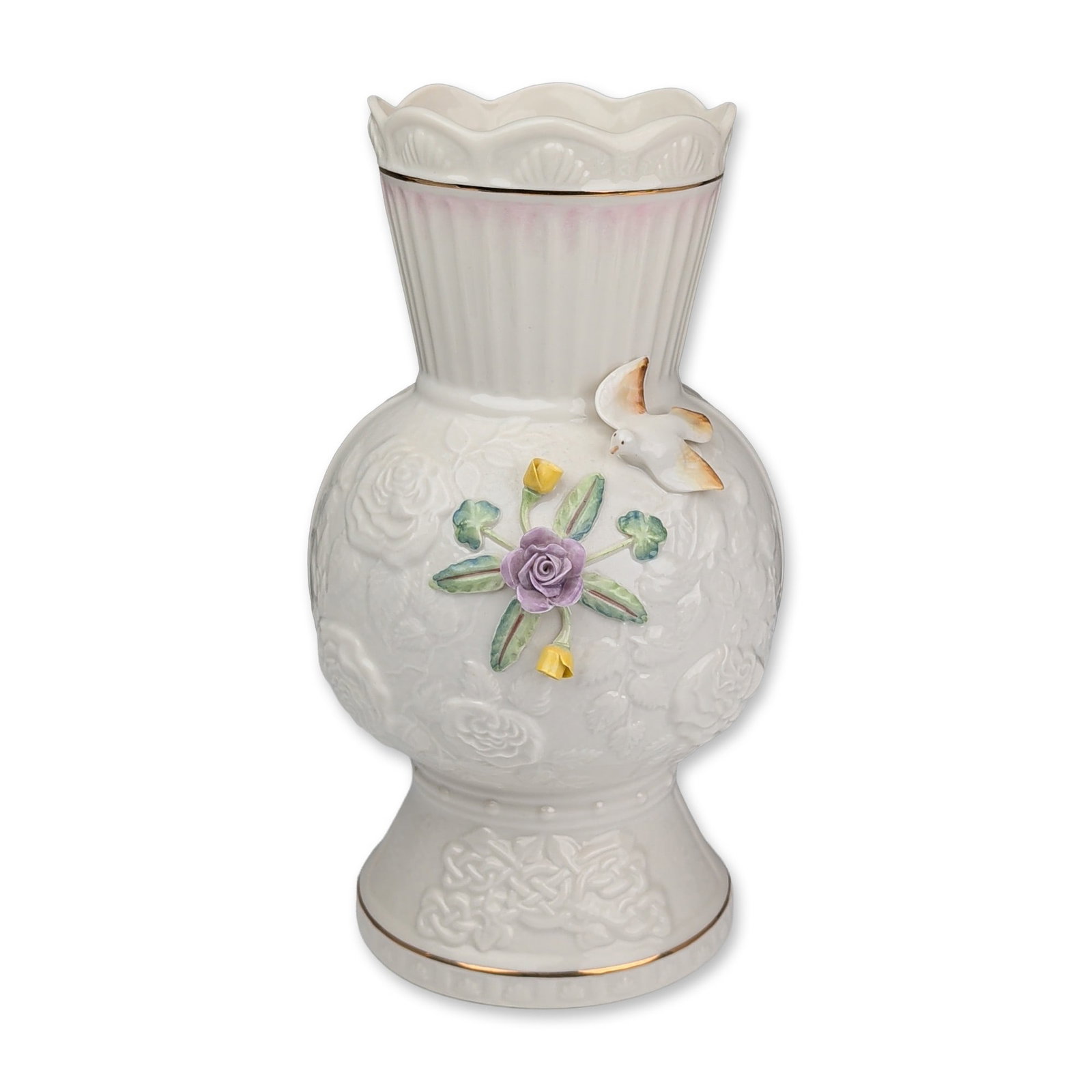 Belleek Ireland Parian Porcelain 150th Anniversary Songbird Vase: Produced in 2007 to commemorate the factory's 150th anniversary. Known as the Songbird Vase, the form features a bulbous body with relief-molded rose decoration, a fluted neck terminating in a ruffled