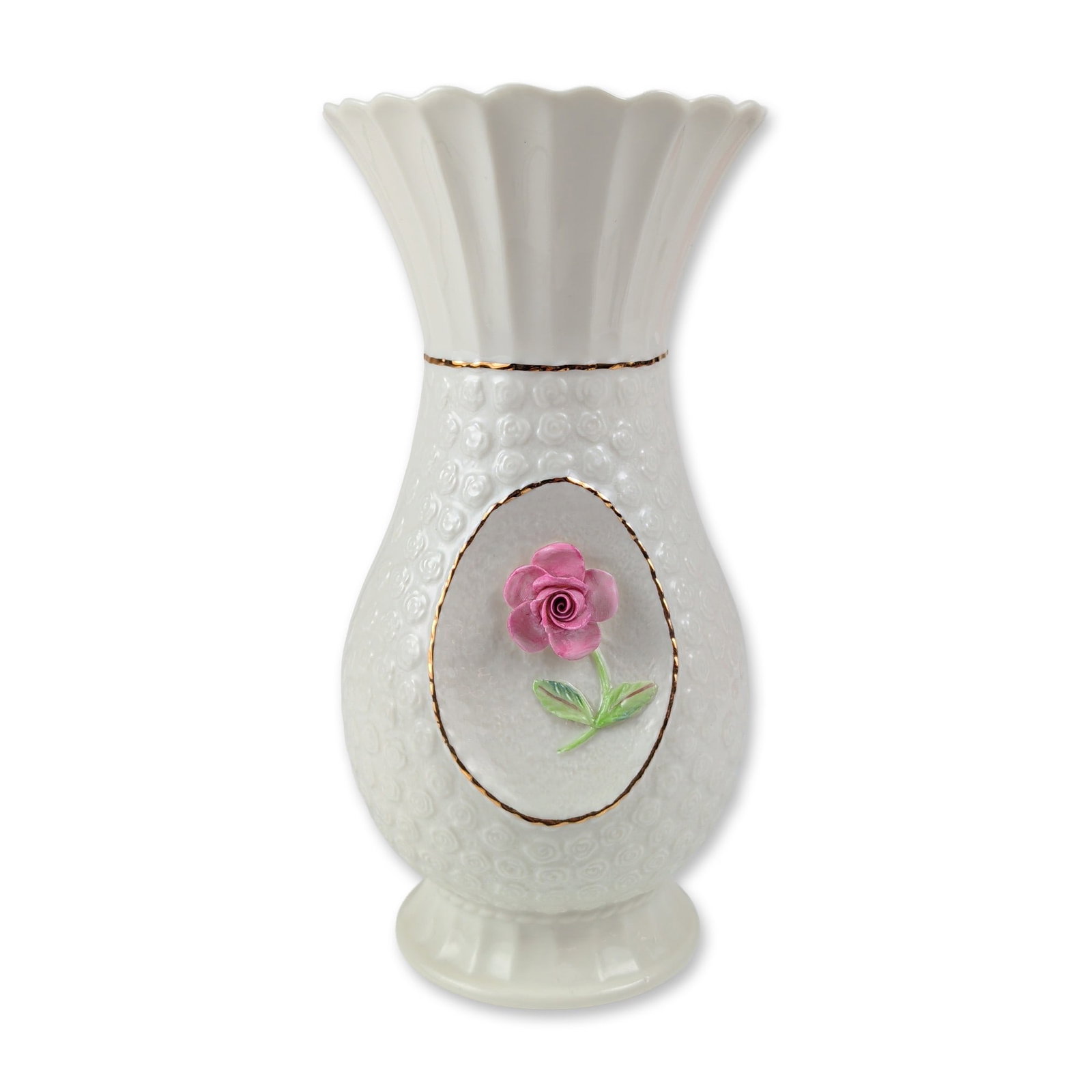 Belleek Ireland Parian Rose Vase: Belleek Parian porcelain vase produced in Ireland. This trumpet-shaped vessel features a flared scalloped rim and a pedestal base. The exterior is decorated with an all-over relief-molded rosebud patt