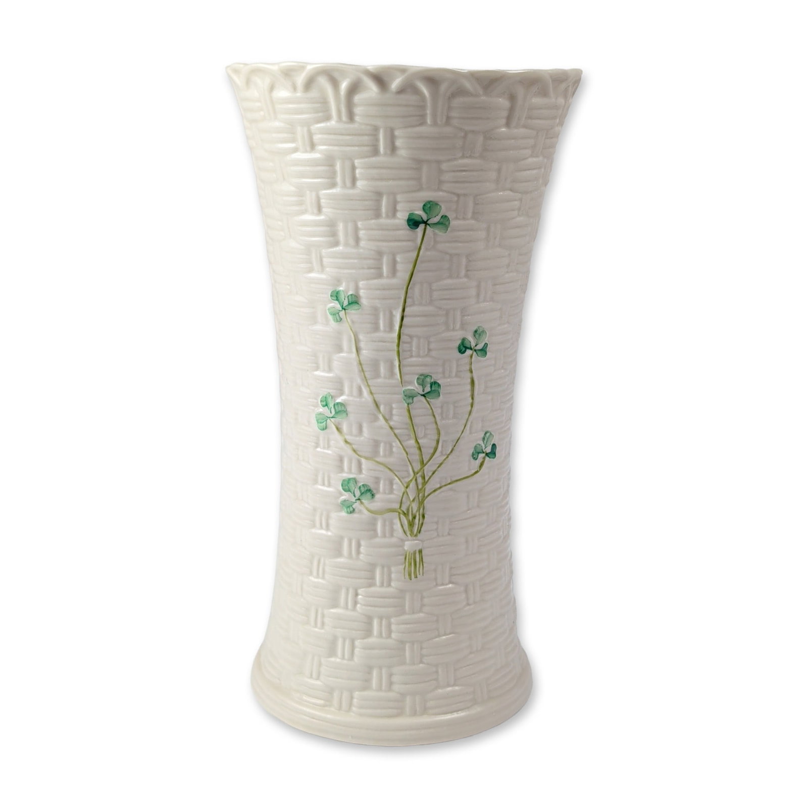 Belleek Irish Parian Porcelain Millennium 2000 Colleen Vase: Belleek Parian porcelain vase in the Colleen form, featuring the manufacturer signature molded basketweave relief texture and hand-painted green shamrock sprigs. The flared cylindrical vessel terminat
