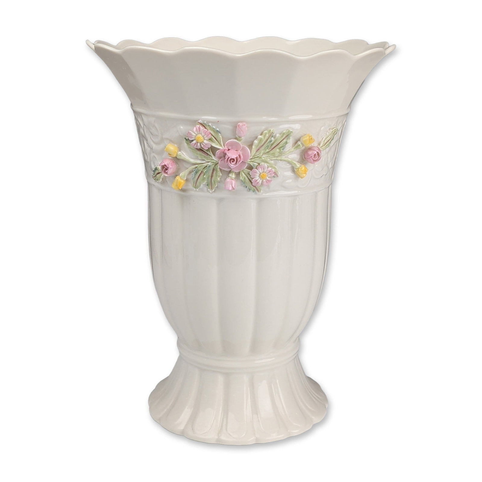 Belleek Porcelain LE 2001 Annual Piece, Tree of Life Vase: Belleek Pottery Parian porcelain pedestal vase, the 2001 Annual Piece in the Tree of Life pattern. The vessel is designed with a flared scalloped rim and a vertically fluted body set on a ruffled base