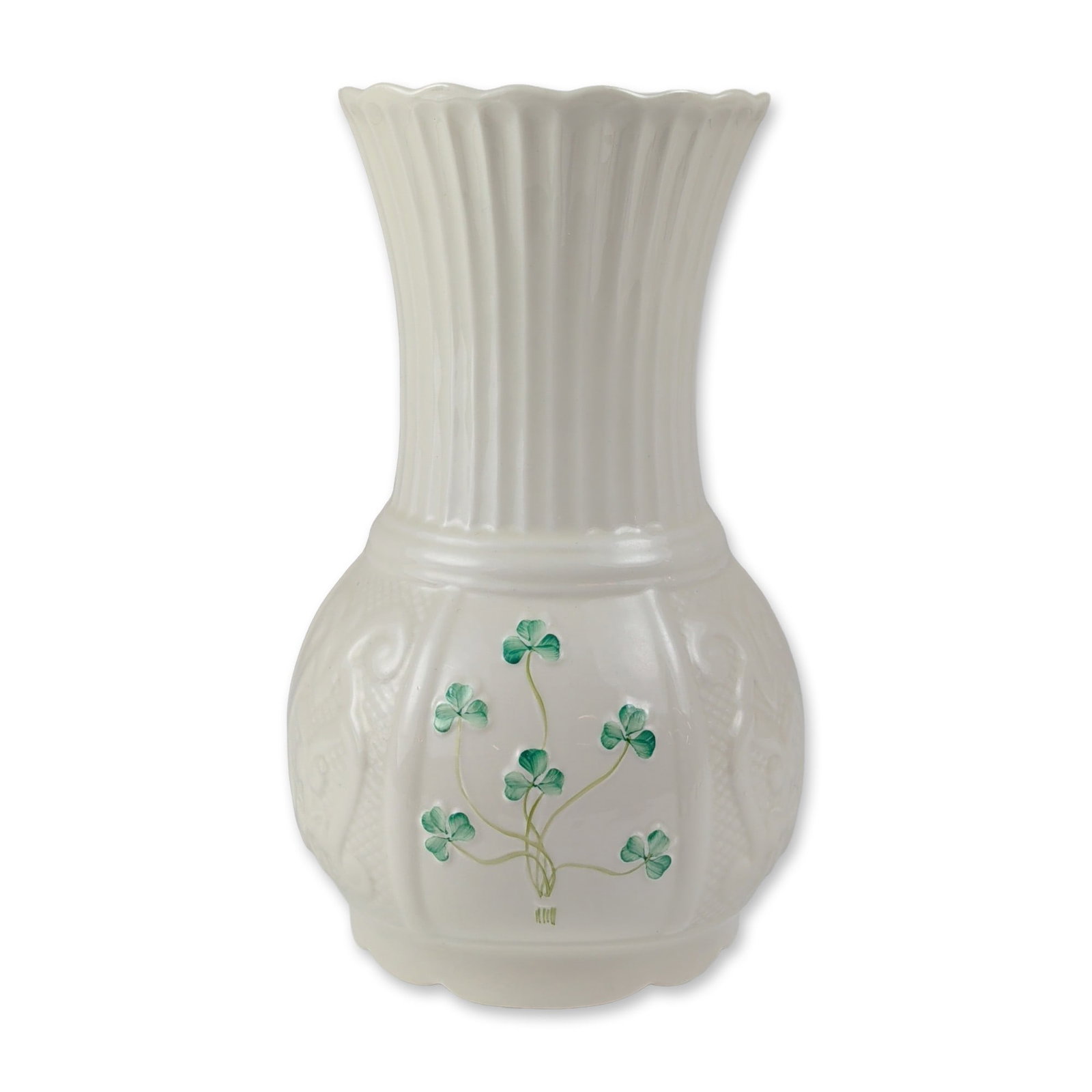 Irish Belleek Millennium 2000 Parian Shamrock Vase: Irish Belleek. Parian china vase with iridescent luster glaze, featuring the Millennium 2000 commemorative mark. The form consists of a tall, fluted neck with a scalloped rim and a bulbous base. Hand-