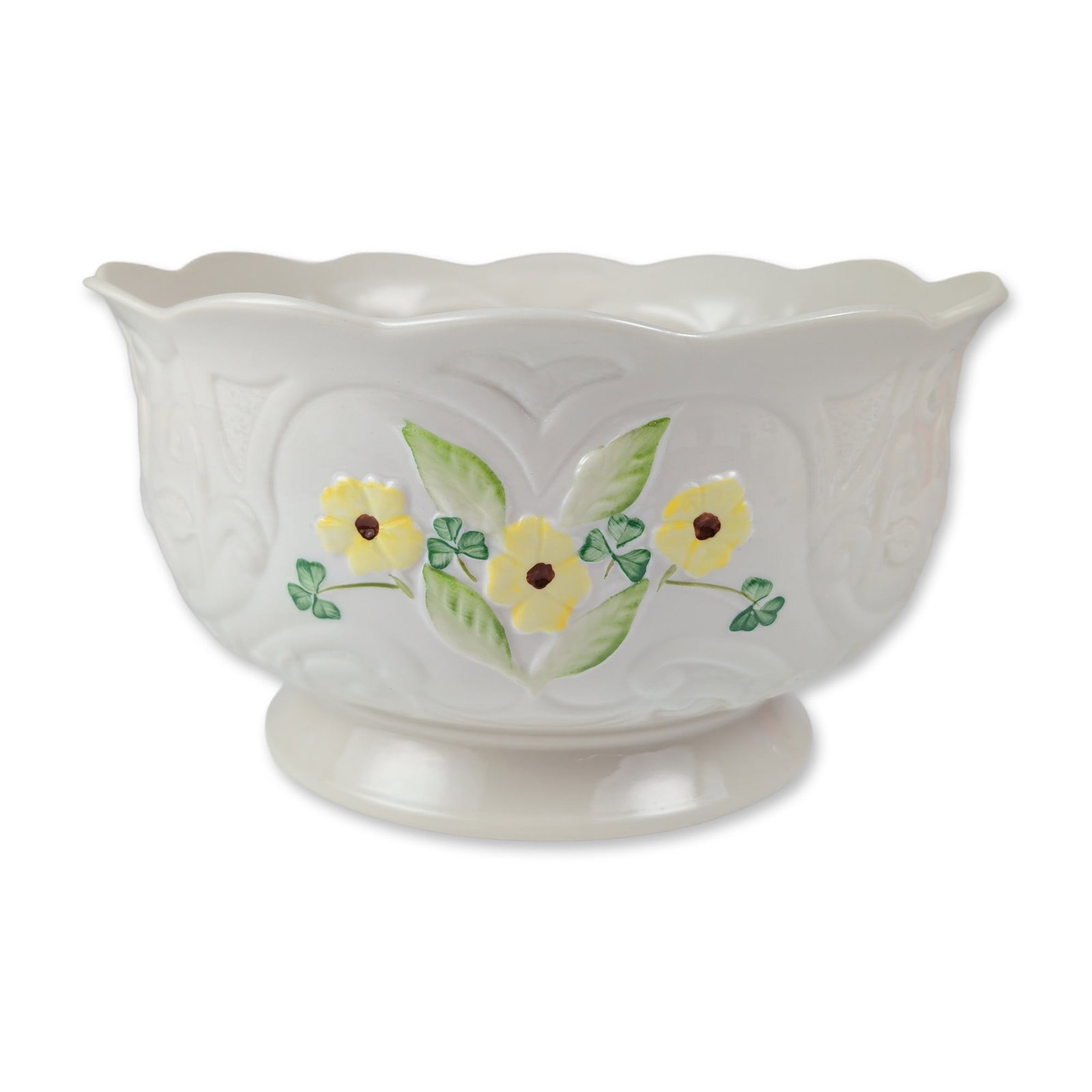 Belleek 150th Anniversary Primrose Parian Centerpiece Bowl: Belleek Pottery (Ireland) footed centerpiece bowl in Parian porcelain, a limited edition piece produced in 2007 to commemorate the factory's 150th anniversary. The bowl features a flaring body with a 