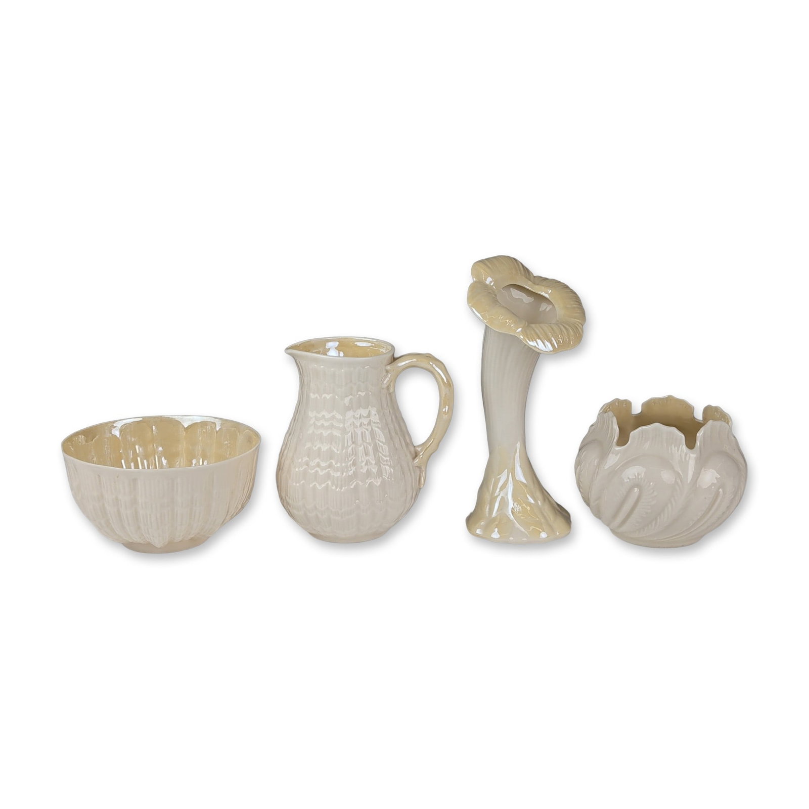 4pc Belleek Ireland Parian Porcelain Bowls, Vases and Pitcher: Belleek Pottery, Ireland. Group of four parian china vessels featuring relief-molded organic patterns and pearlescent luster glaze. The collection includes a Nile pattern creamer with a scale-molded b