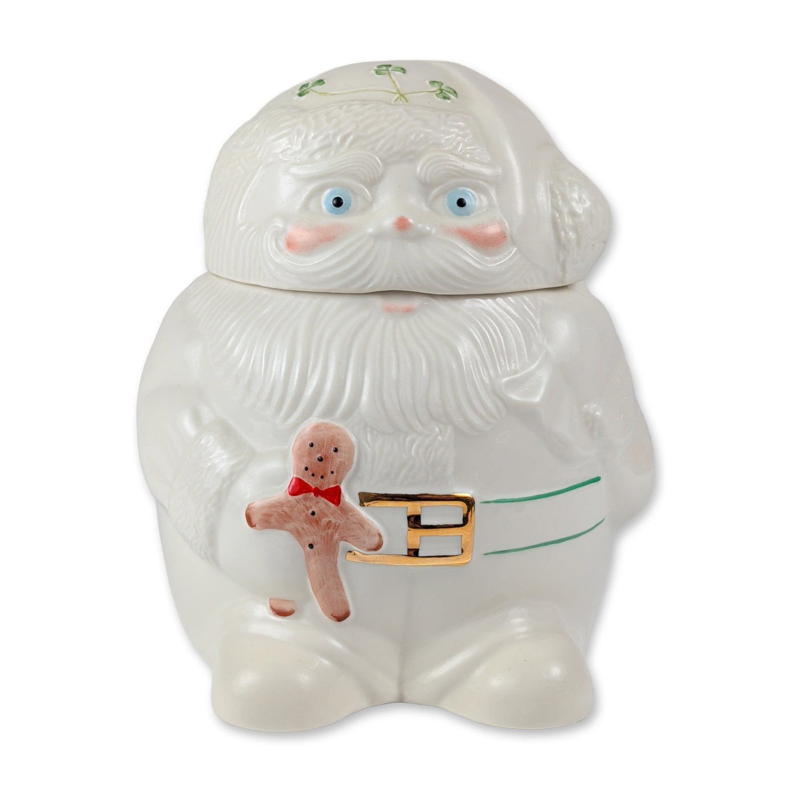Belleek Irish Parian China Santa Cookie Jar: Belleek Pottery Christmas Collectibles series figural cookie jar and lid in fine Parian china. The vessel is modeled as a seated Santa Claus holding a gingerbread man. Hand-painted details include thr