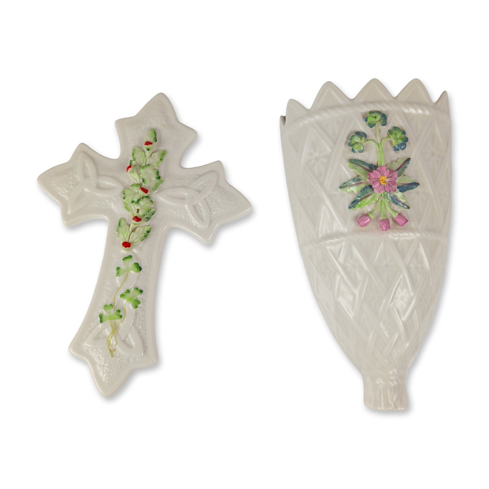 2pc Belleek Ireland Parian Porcelain Wall Items: Belleek Pottery, Ireland. Two parian porcelain wall-mounted decorative objects. The first is a cornucopia-shaped wall pocket featuring a molded basketweave texture with applied hand-painted pink and g