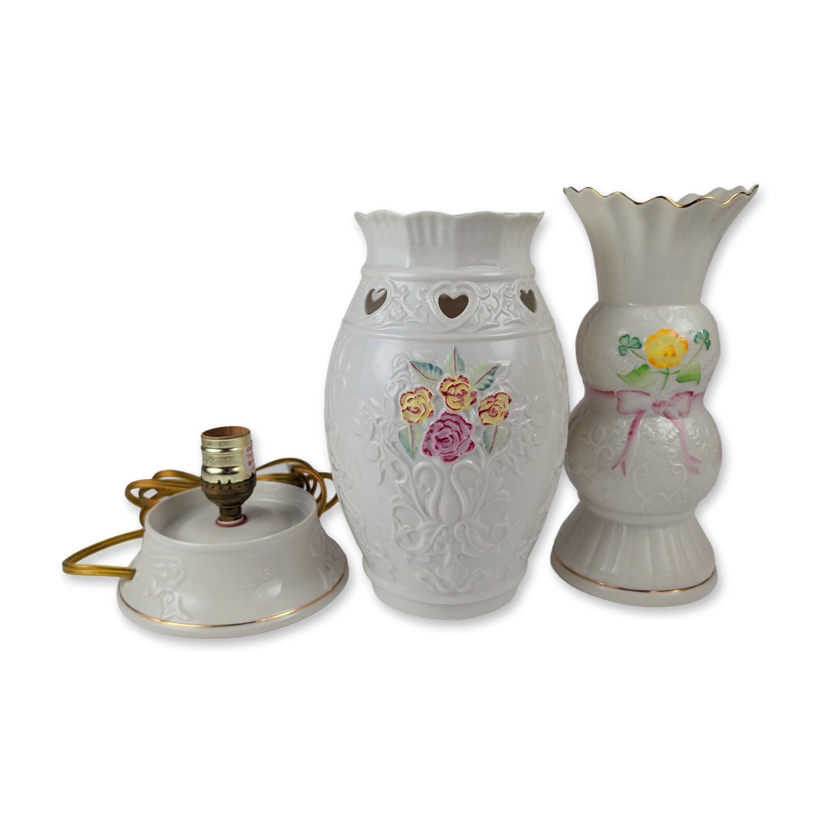 2pc Belleek Pottery Parian McBirney Vase and Lamp: Belleek Pottery, Ireland. Two Parian porcelain decorative items comprising a limited edition vase and an electric accent lamp. The McBirney vase from the Founders Collection features a ruffled gilded 
