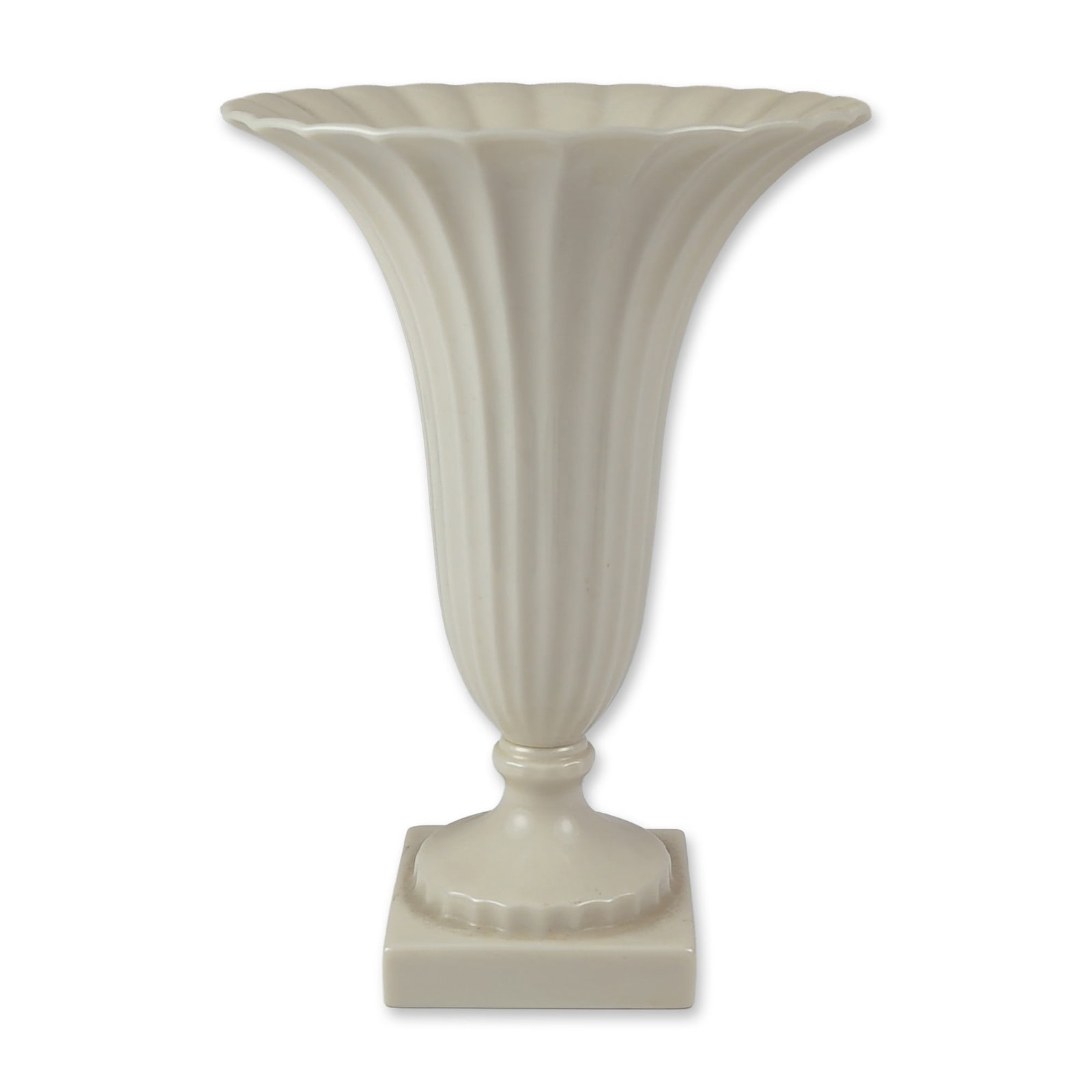 Lenox Cream-colored Fluted Porcelain Trumpet Vase: American, mid-20th century. A fluted trumpet vase in cream-colored glazed porcelain by Lenox, featuring a flared body with deep vertical ribbing and a scalloped, wave-like rim. The vessel sits on a sh