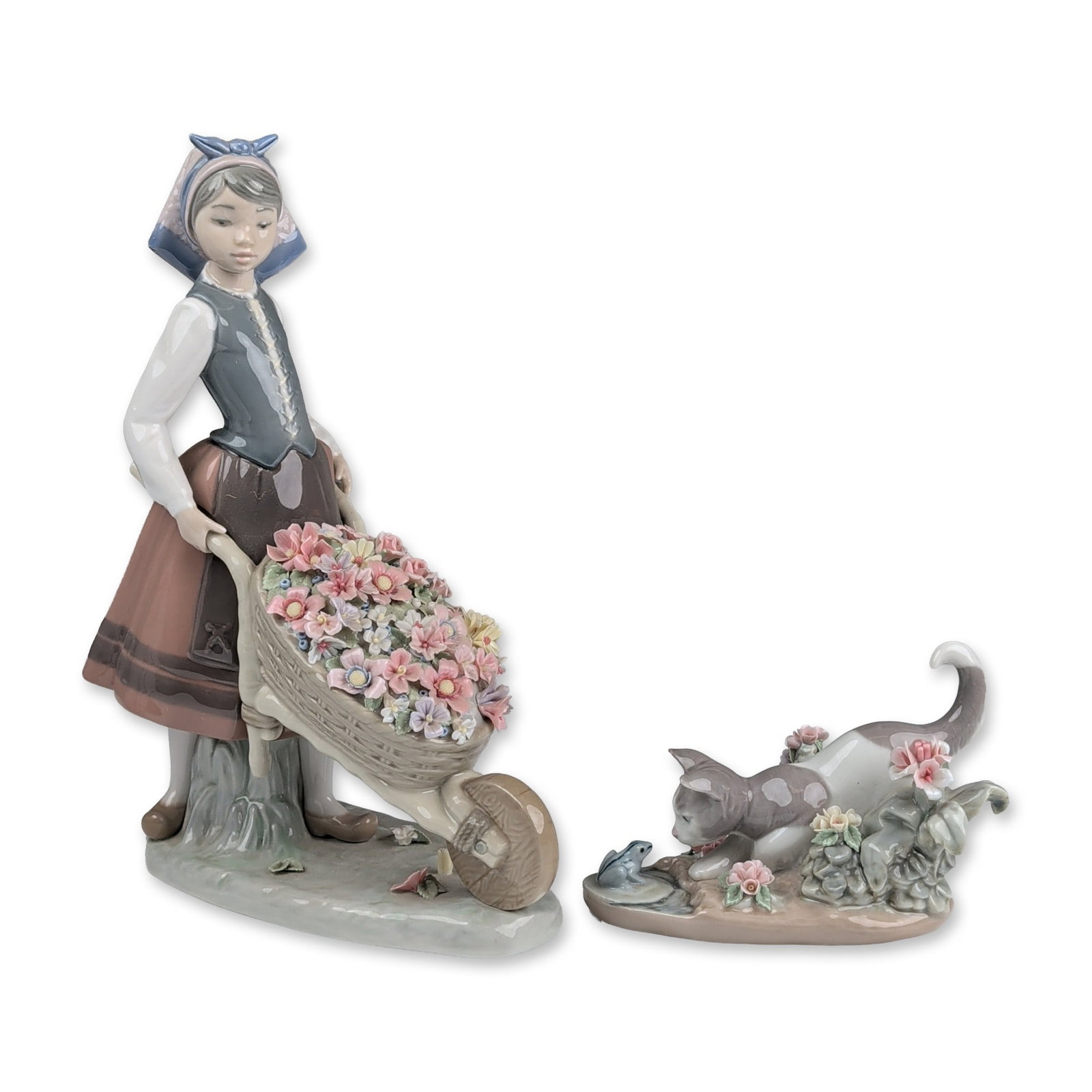 Two Lladro Porcelain Figurines, Kitty Confrontation 01001442 and Barrow of Blossoms 01001419 (1 of 6)