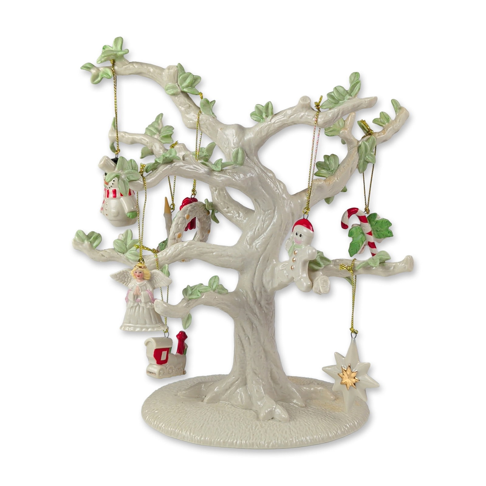 9pc Lenox Season's Holiday Porcelain Ornament Figural Tree Set: Lenox porcelain Season's Holiday figural tree with eight coordinating miniature ornaments. The cream-colored glazed porcelain tree is designed with spreading branches accented by pale green leaf buds.
