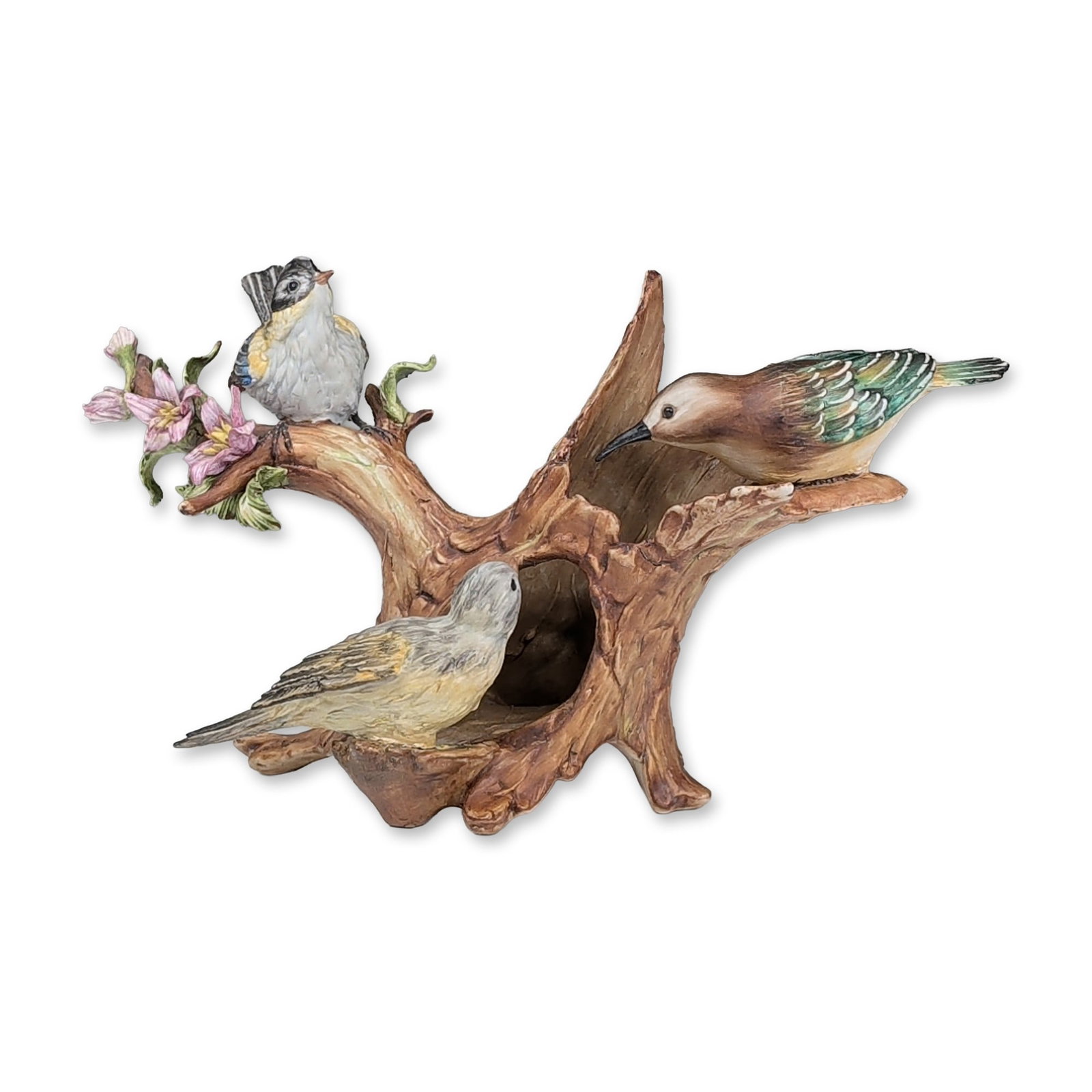 Viertasca Capodimonte Italian Limited Edition Porcelain Bird Group Figurine: Hand-painted porcelain bird group figurine. The composition features three birds perched on a gnarled tree stump base accented with pink blossoms and green foliage. Marked to the underside with Vierta