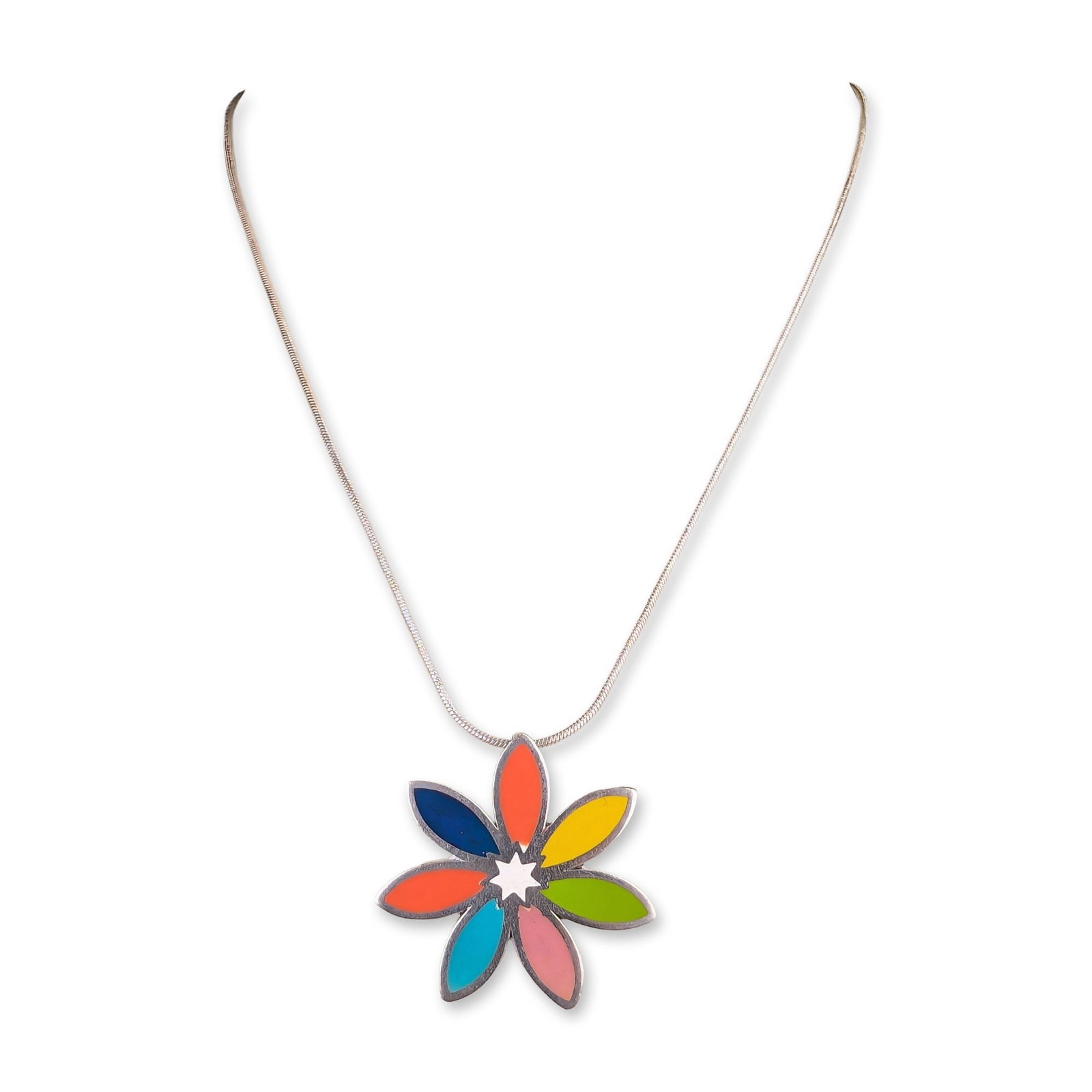 Sterling Silver Multi-Color Inlay Flower Pendant Necklace: Contemporary artisan style. Pendant necklace in sterling silver, featuring a seven-petal flower design with multi-color teardrop inlays in shades of blue, orange, yellow, green, pink, and turquoise.