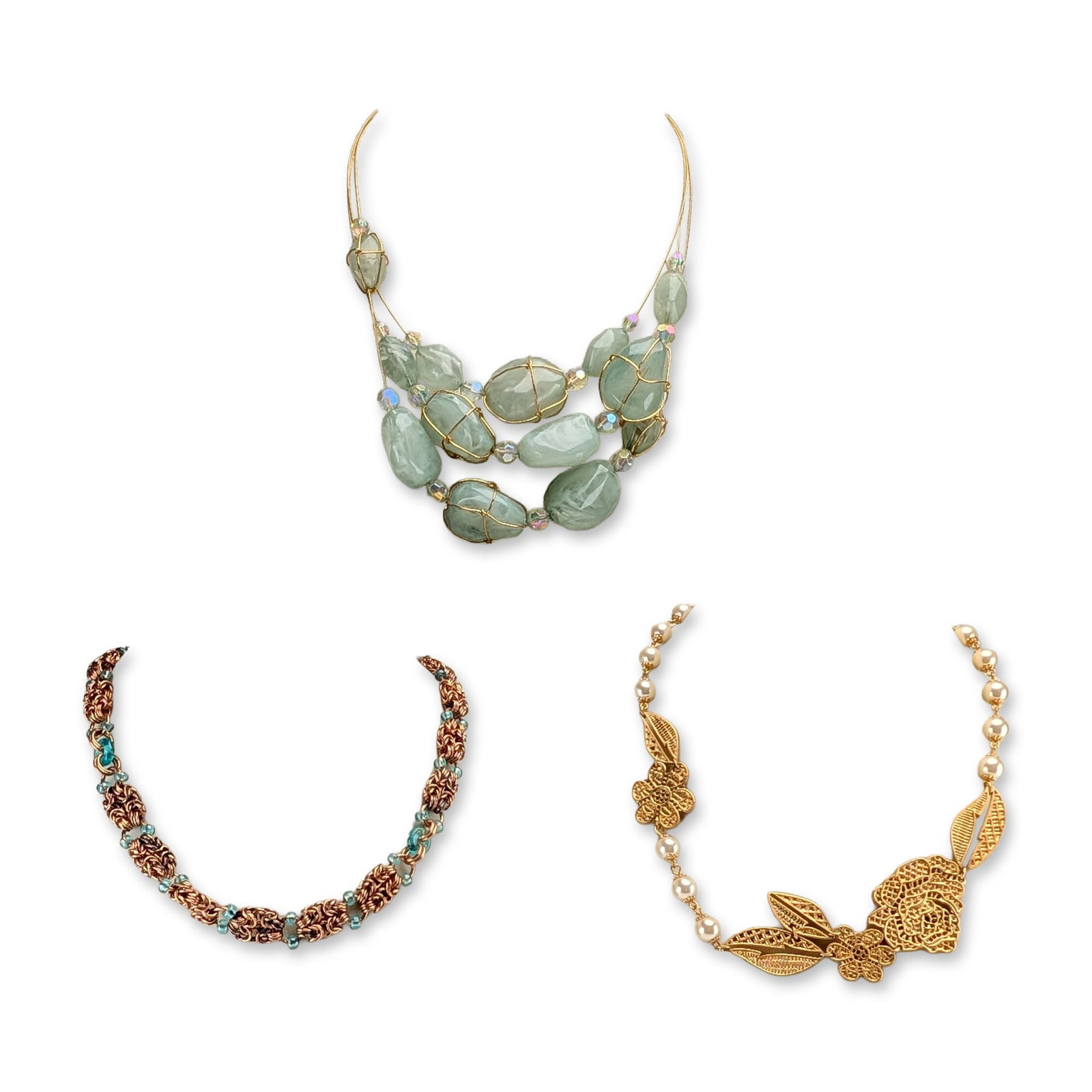 3pc Joan Rivers and Marie Osmond Decorative Fashion Necklaces: Contemporary fashion necklaces. Trio of necklaces including a multi-strand bib necklace in gold-tone metal with wire-wrapped seafoam green resin beads and iridescent glass spacers, with a tag stamped 