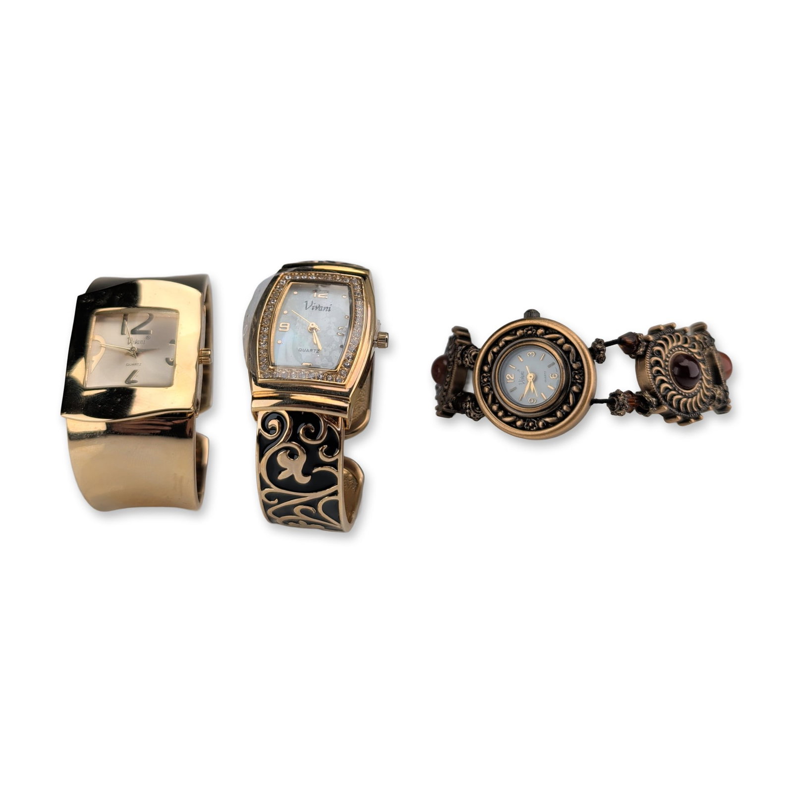 3pc Vivani Women's Fashion Wristwatches: Vivani. Trio of women's fashion wristwatches in gold-tone base metal with stainless steel case backs and Japan quartz movements. The collection includes a beaded bracelet model featuring a white dial,