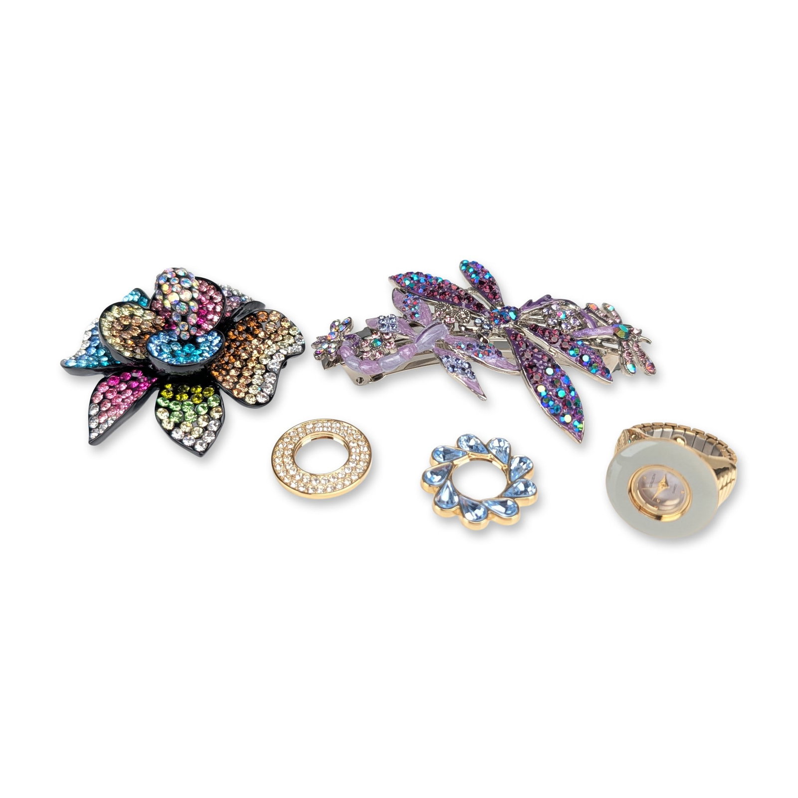 3pc Assortment of Kirks Folly and Gruen Costume Jewelry: An assortment of contemporary whimsical costume jewelry and accessories by Kirks Folly and Gruen. The Kirks Folly oversized floral brooch is composed of multi-colored rhinestones set in gunmetal-toned