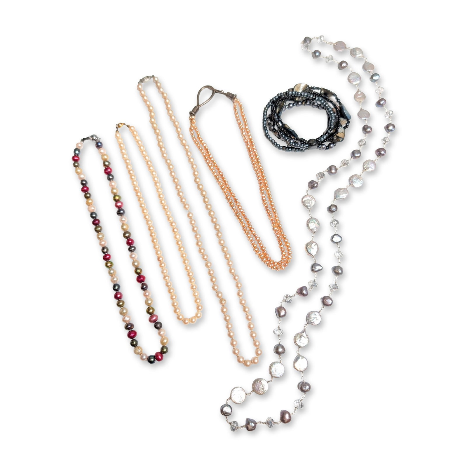 6pc Pearl Necklaces and Bracelet: Group of six pieces of pearl and beaded jewelry, including five necklaces and one bracelet. The collection features a hand-knotted multi-color pearl necklace with a silver-tone ball clasp stamped PGPM