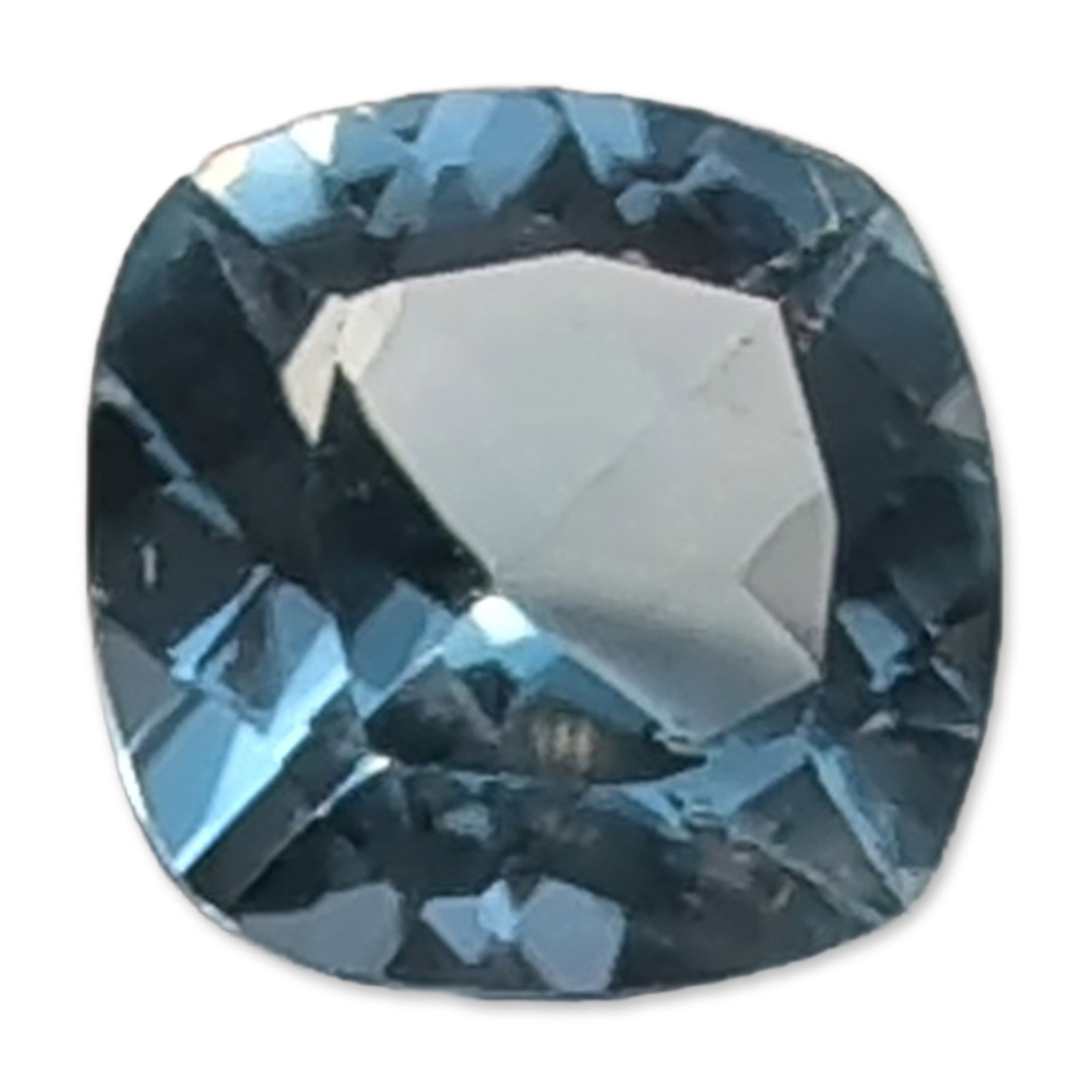Loose Cushion Cut Blue Sapphire Gemstone: A single loose faceted Sapphire gemstone. The stone is fashioned in a modified cushion cut with rounded corners and a deep pavilion, exhibiting a vibrant light-to-medium blue hue with high clarity. We