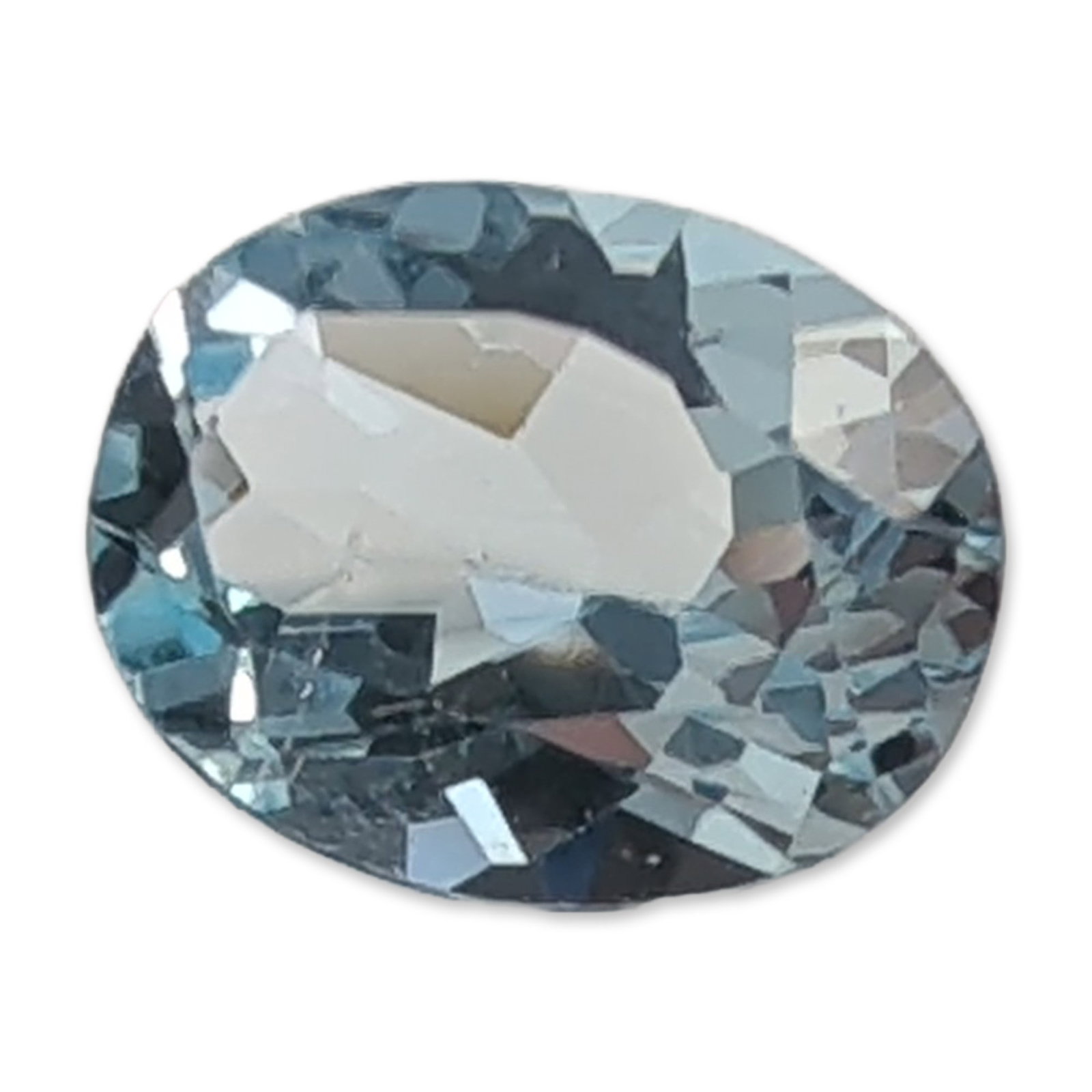 Oval Faceted Light Blue Sapphire Gemstone: Loose Sapphire gemstone, featuring a pale blue color and transparent clarity. The stone is an oval faceted cut with a visible window in the center. 1.9 carats8.8 mm (length). Dimensions: 8.8mm