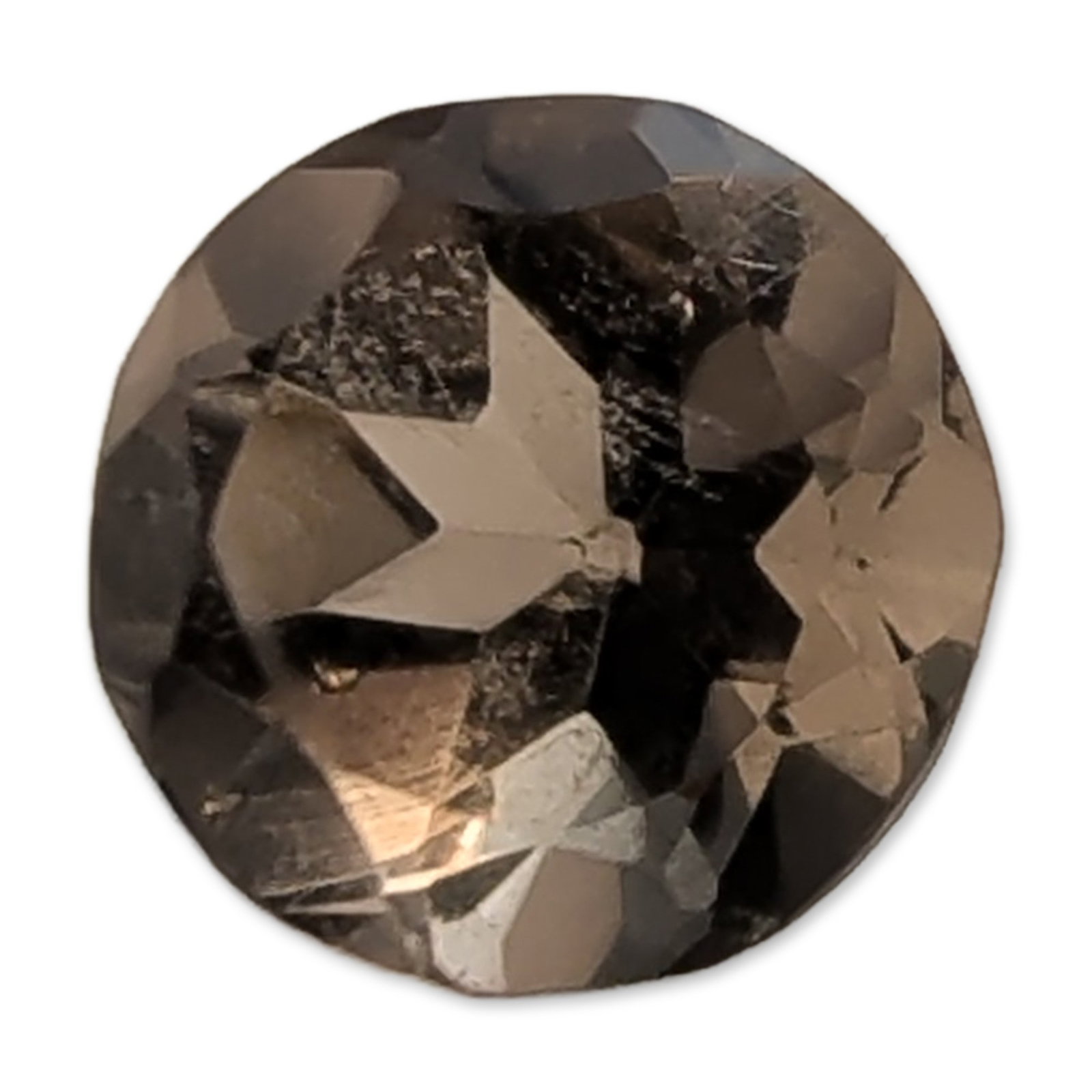 Round Faceted Smoky Quartz Gemstone: A loose round faceted gemstone, which appears to be smoky quartz, featuring a transparent smoky brown to grey color. The stone is cut in a round faceted style with multiple crown and pavilion facets. 