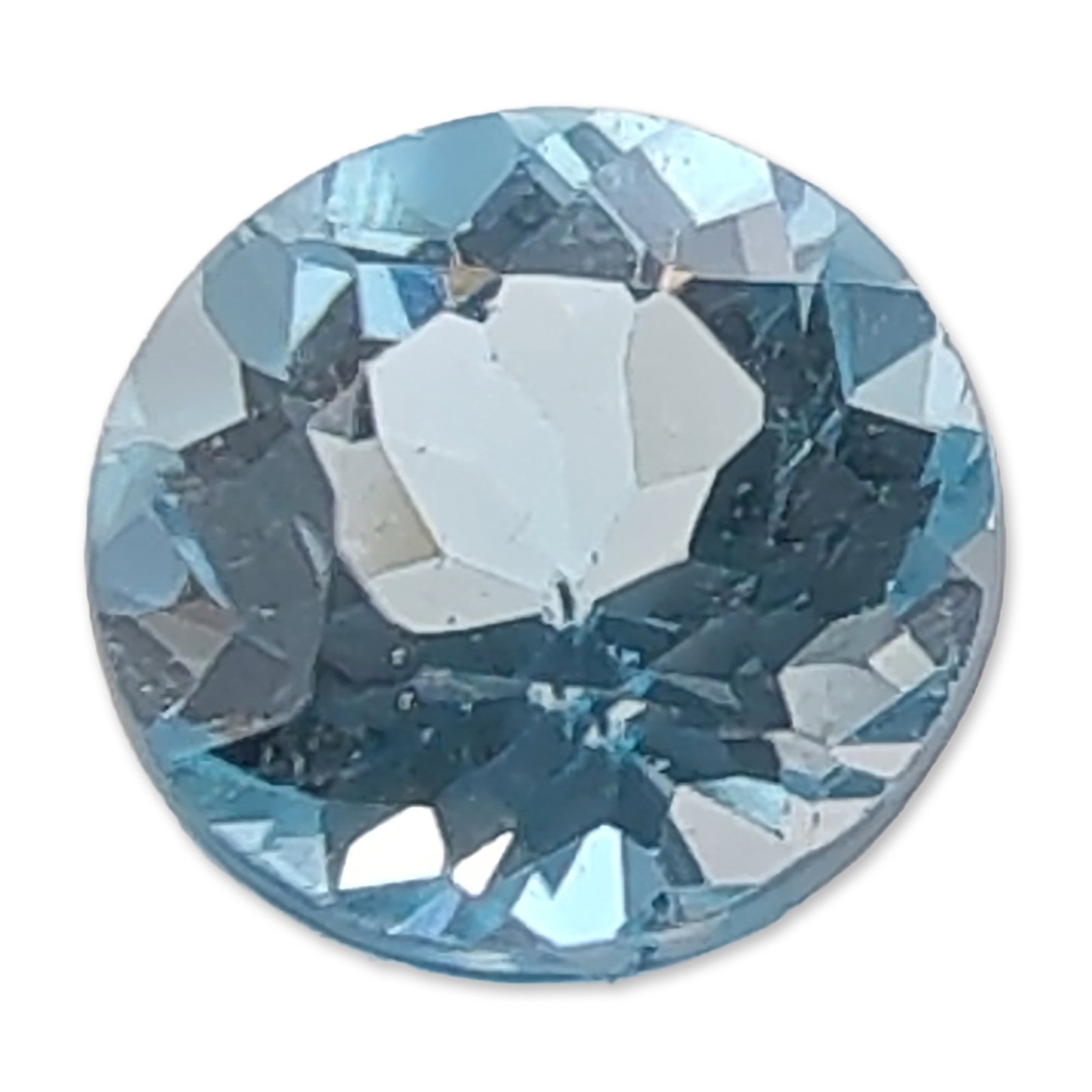 Round Faceted Light Blue Topaz Gemstone: Loose round faceted Topaz gemstone featuring a uniform light sky-blue hue and brilliant-style cutting. Gemstone exhibits high clarity with no surface-reaching inclusions visible to the naked eye. Appr